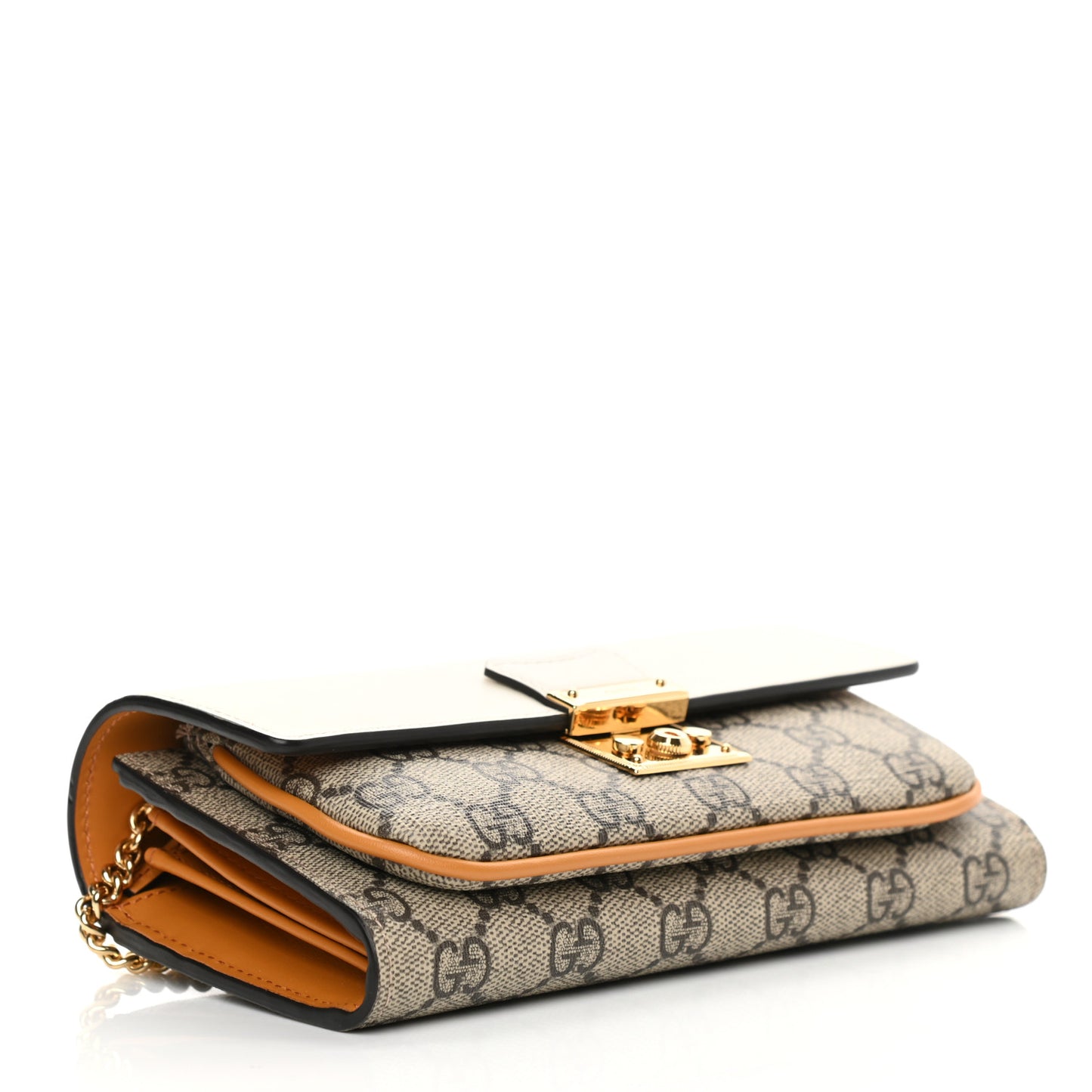 GG Supreme Monogram Calfskin Padlock Chain Wallet Beige Mystic White Sun Oil
