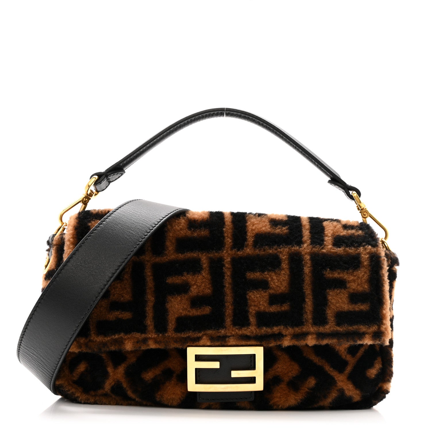 Fendi Shearling Vitello Dolce Macro FF 1974 Baguette Tobacco Black