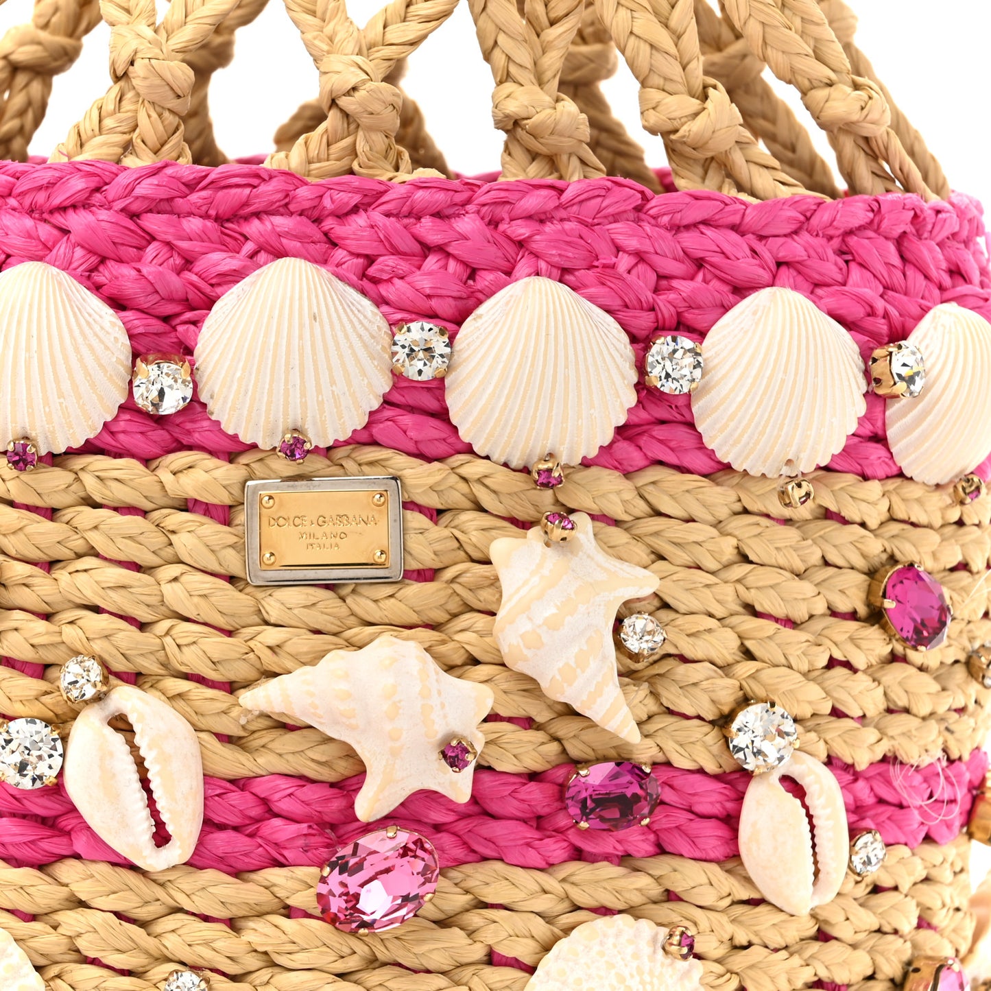Raffia Crystal Seashell Bucket Bag Natural Pink
