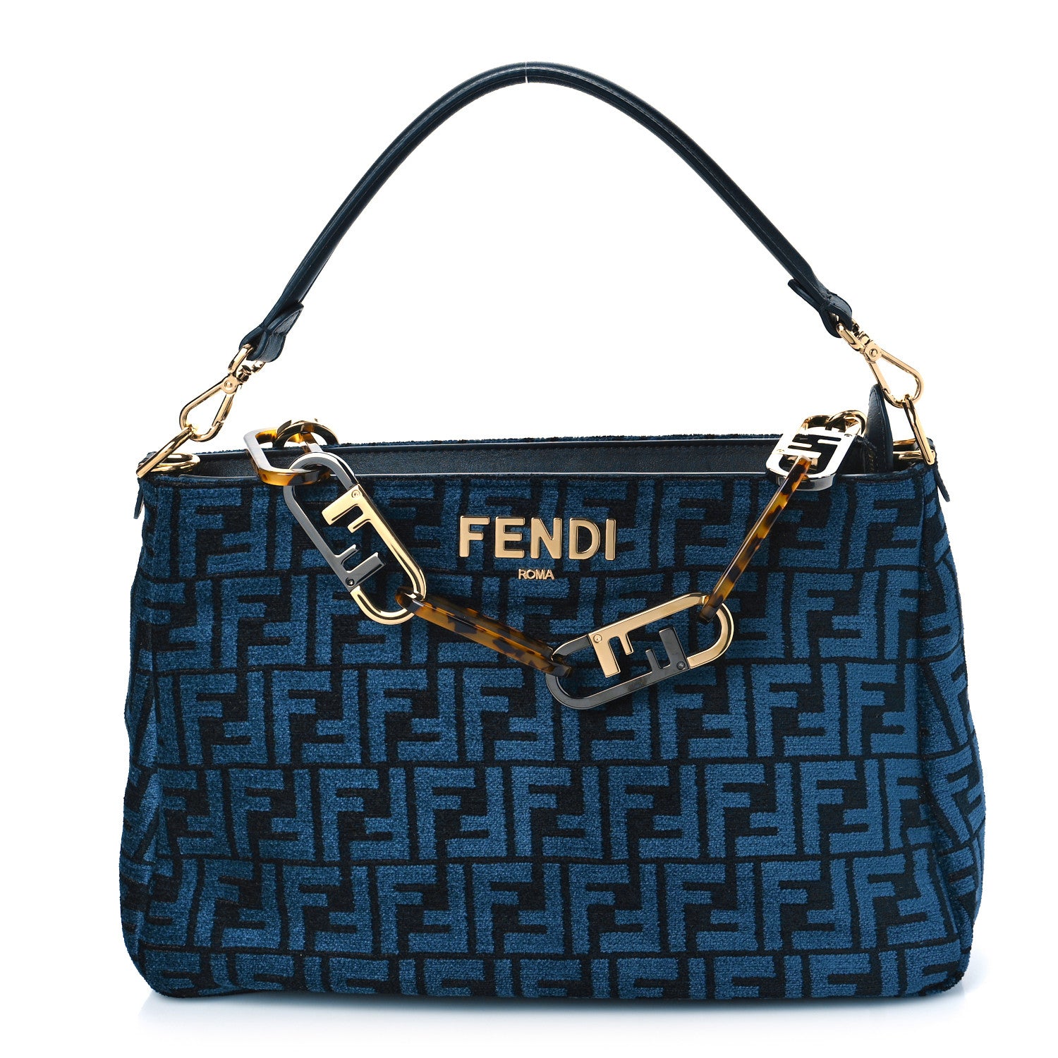 Fendi Chenille Vitello Seta Plexiglass FF Fendi O'Lock Zipper Blue