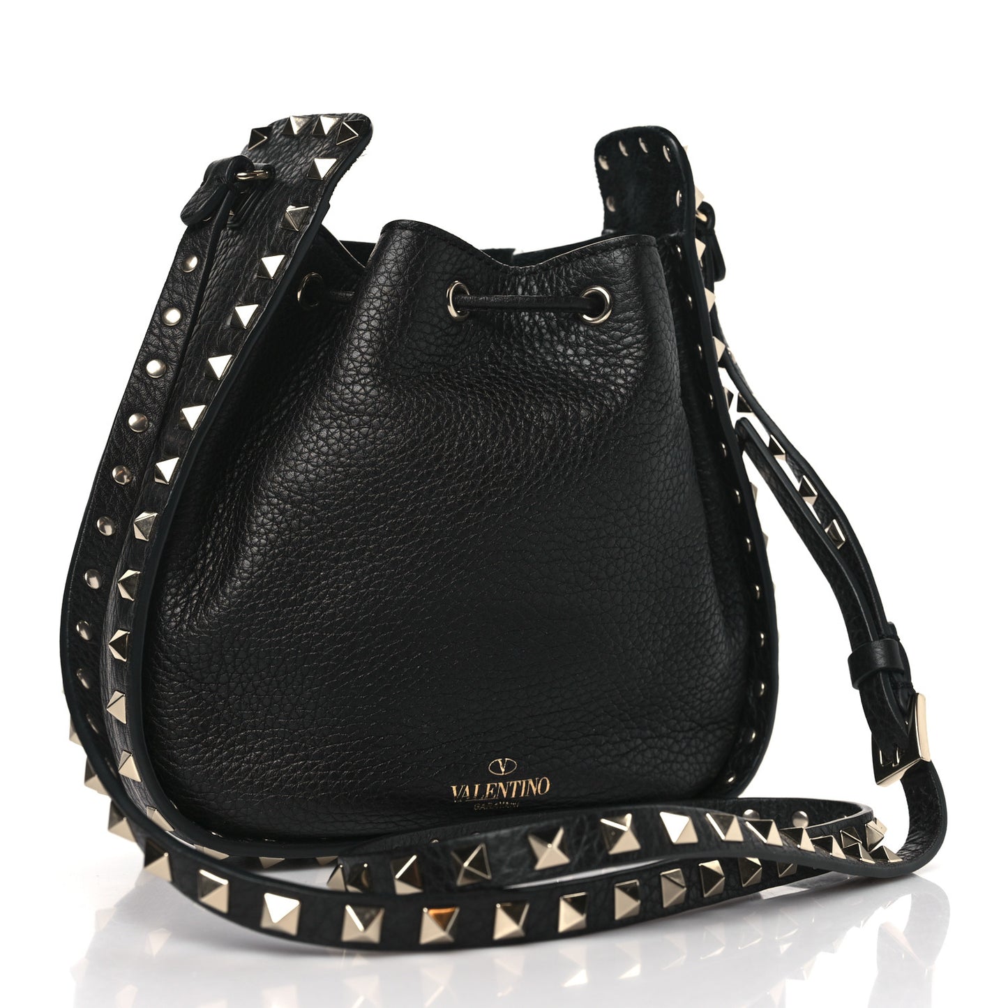 Grained Calfskin Rockstud Bucket Bag Black