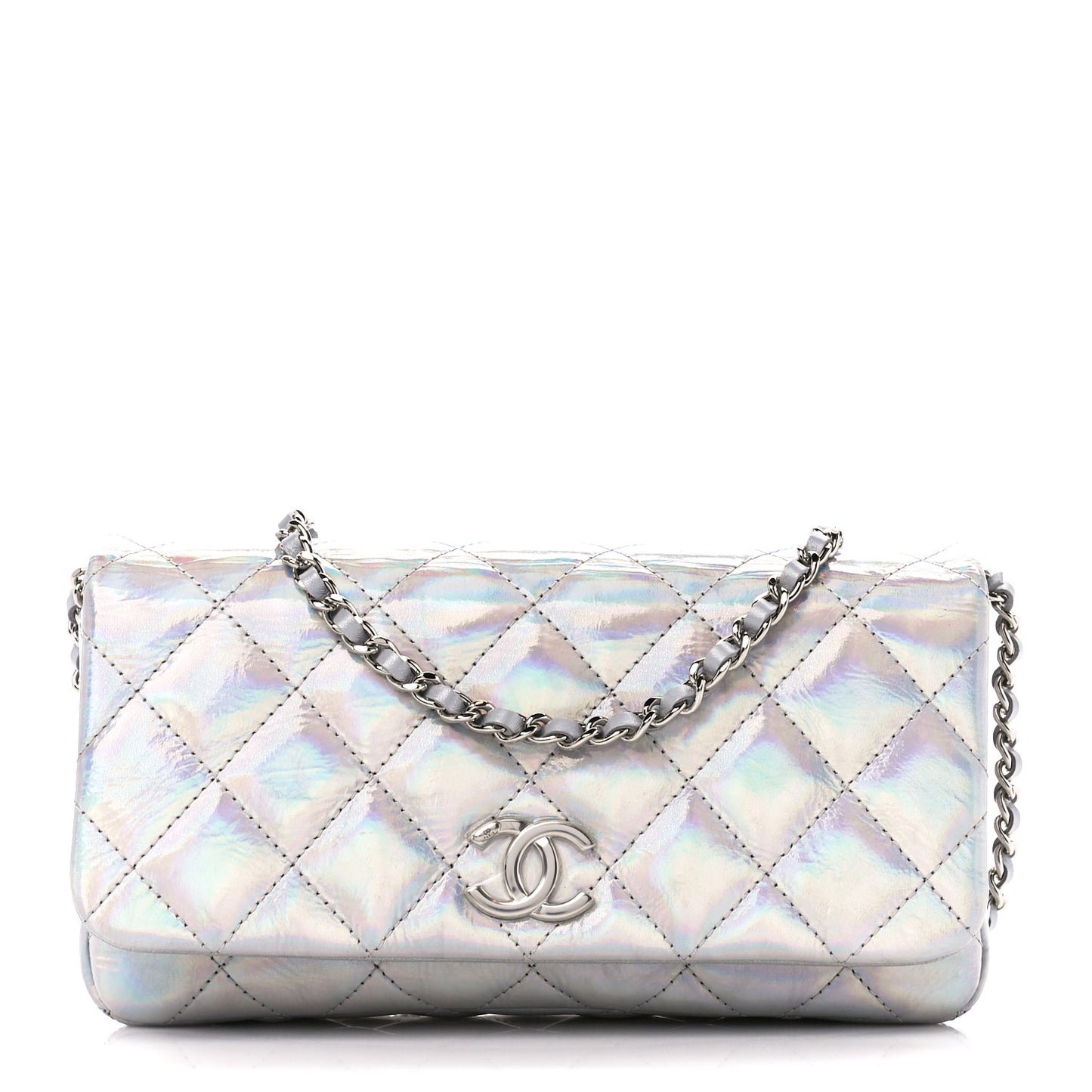 Iridescent Mirror Goatskin Quilted Clutch With Chain Silver