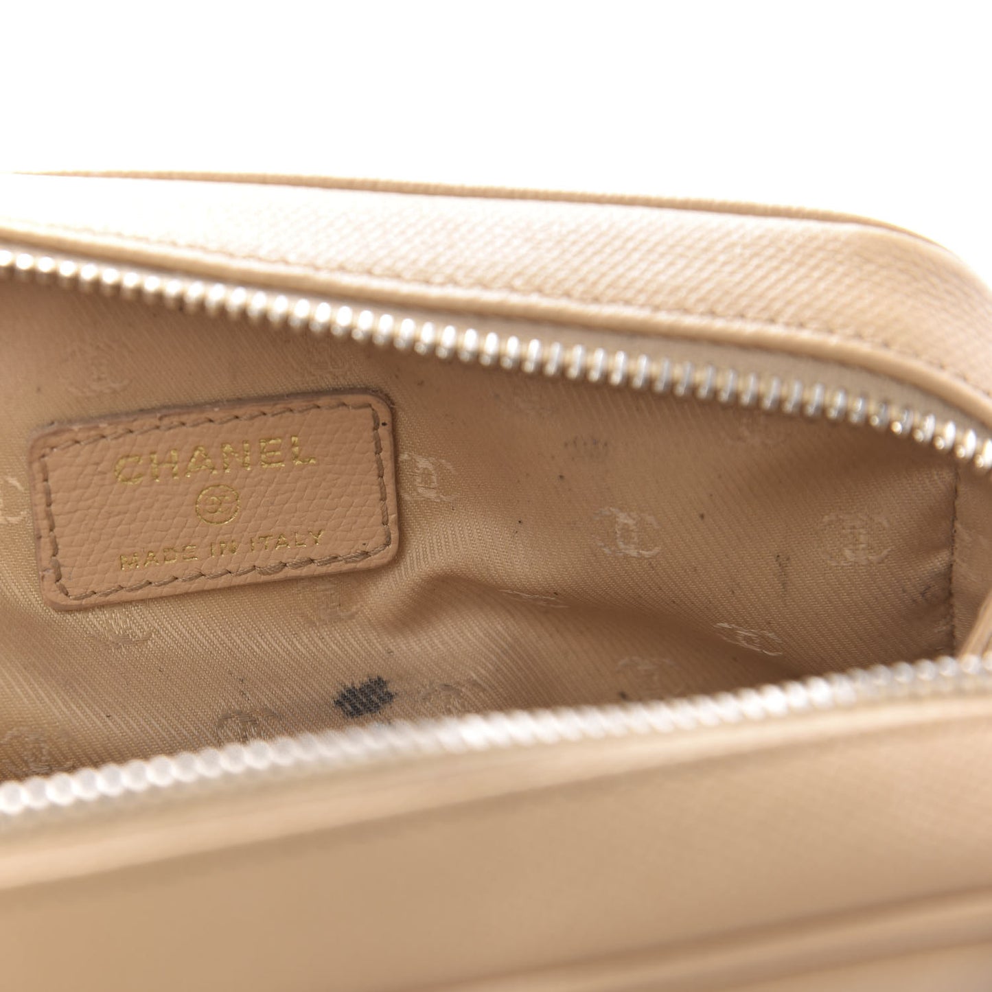 Grained Calfskin CC Button Medium Pouch Cosmetic Case Beige