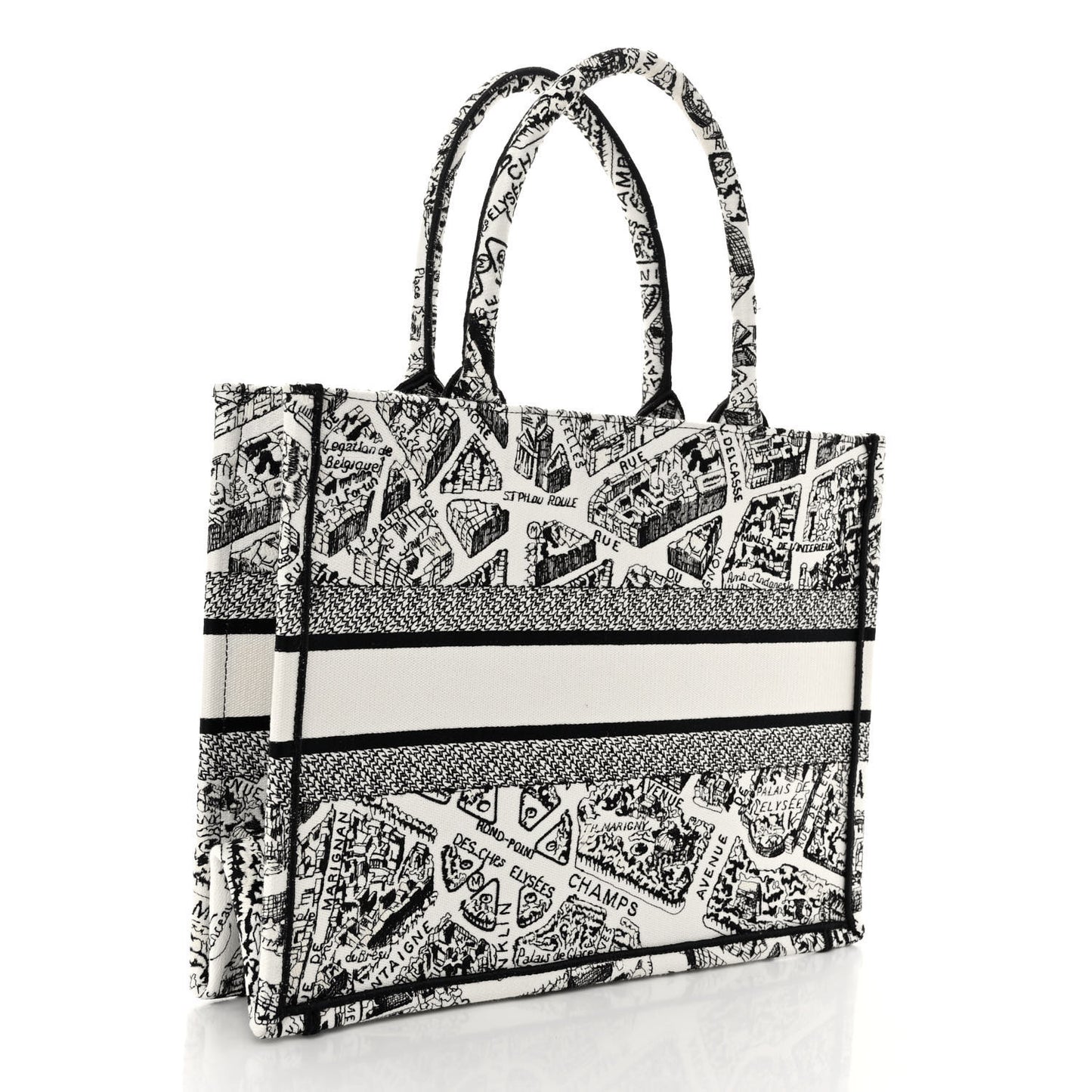Canvas Embroidered Medium Plan De Paris Book Tote White Black