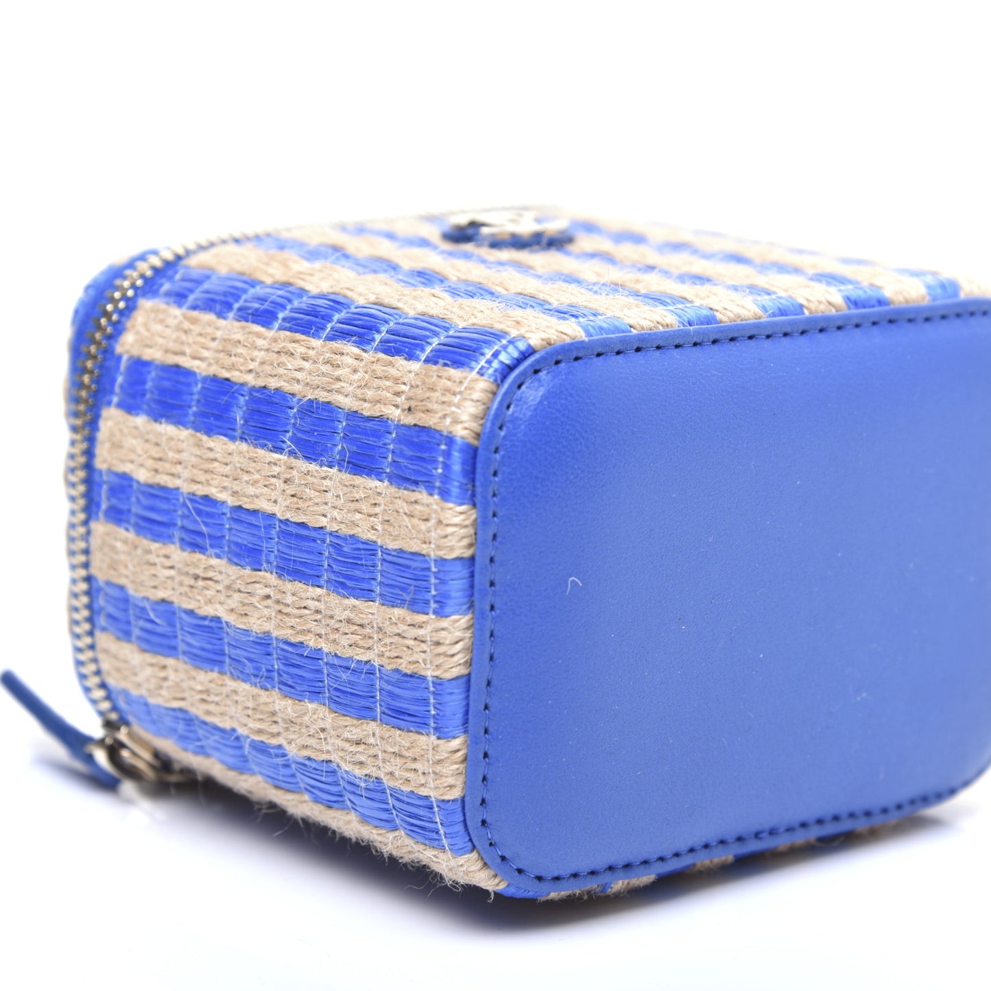 Raffia Jute Striped Mini Vanity Case With Chain Blue Beige