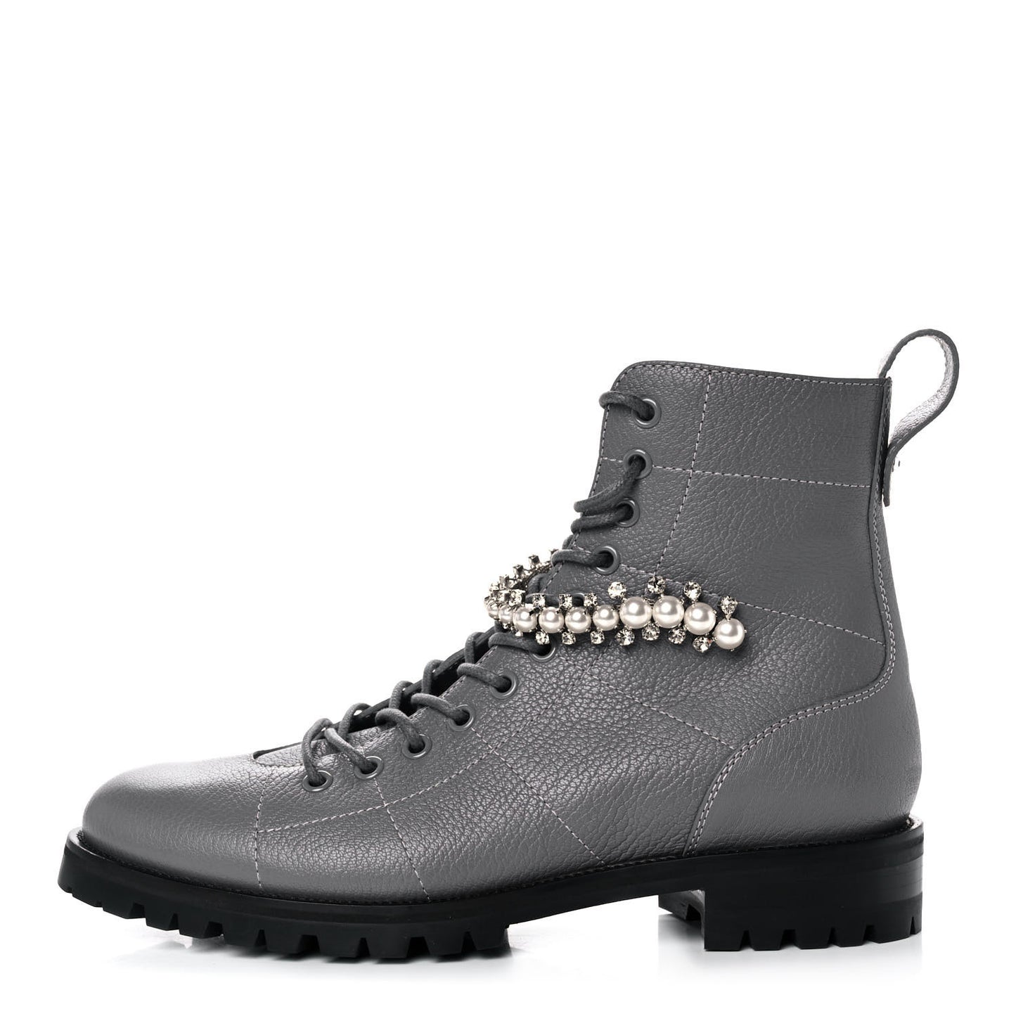 Grained Calfskin Crystal Embellished Cruz Combat Boots 38.5 Grey