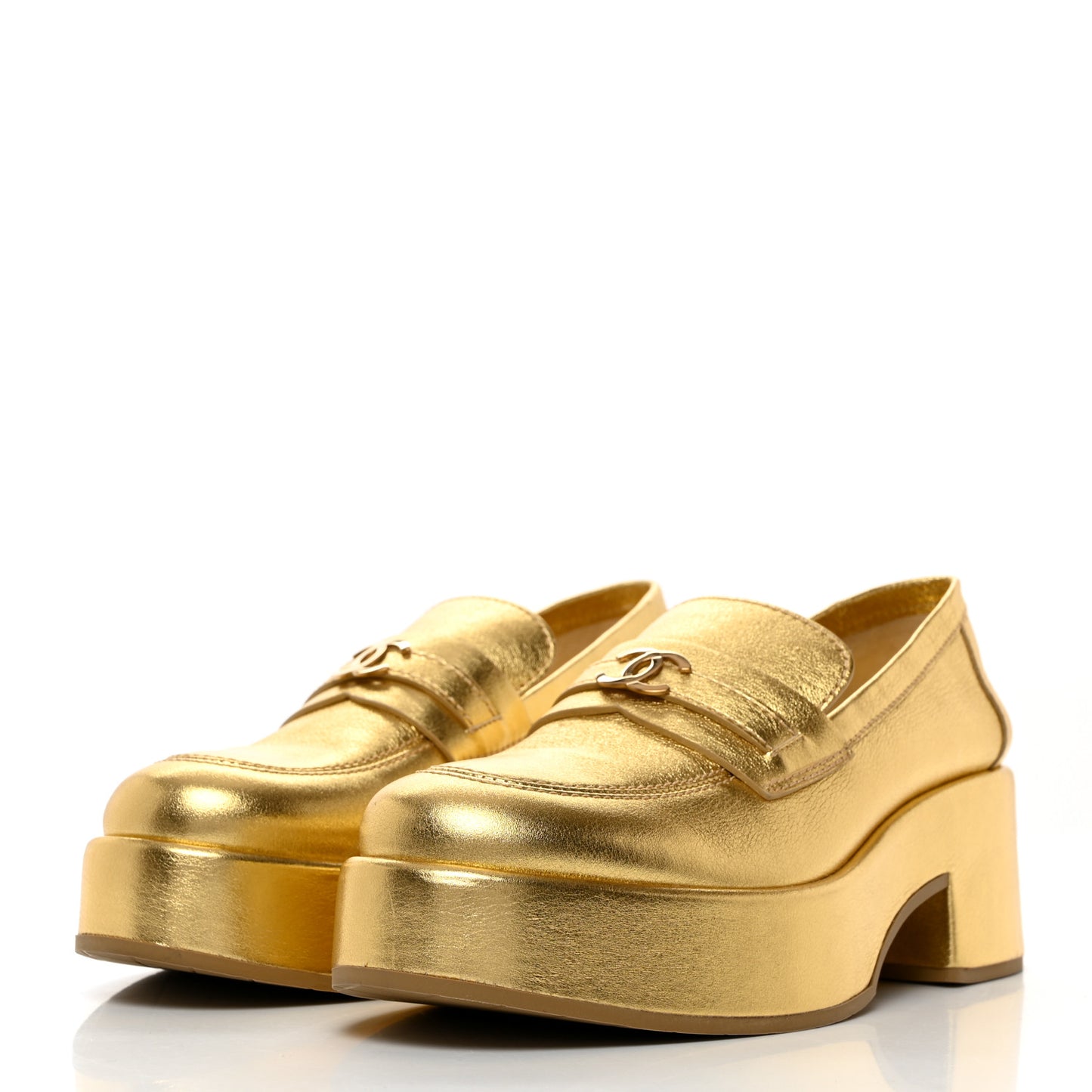 Laminated Calfskin CC Platform Loafers 38.5 Golden