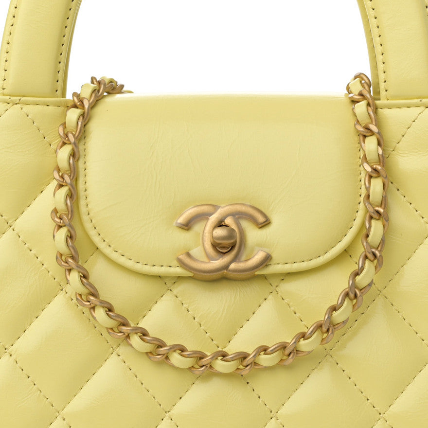 Shiny Aged Calfskin Quilted Nano Kelly Shopper Light Yellow