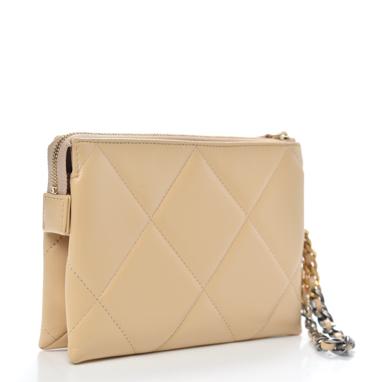 Shiny Goatskin Quilted Chanel 19 Small Pouch With Handle Beige