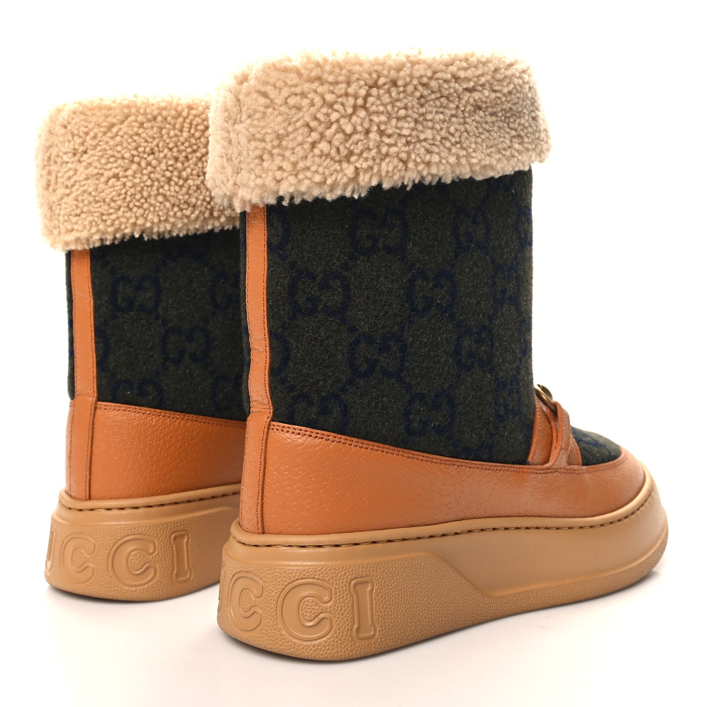 Covered Wool Monogram Textured Dollar Calfskin Shearling Horsebit Snow Boots 39.5 Underwood Blue Hazel Brown