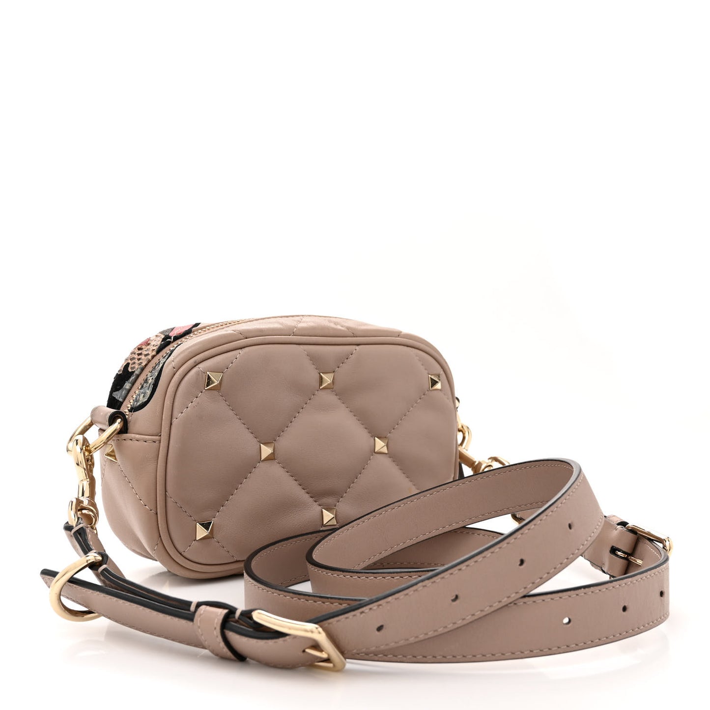 Calfskin Butterfly Embroidered Rockstud Camera Crossbody Bag Poudre