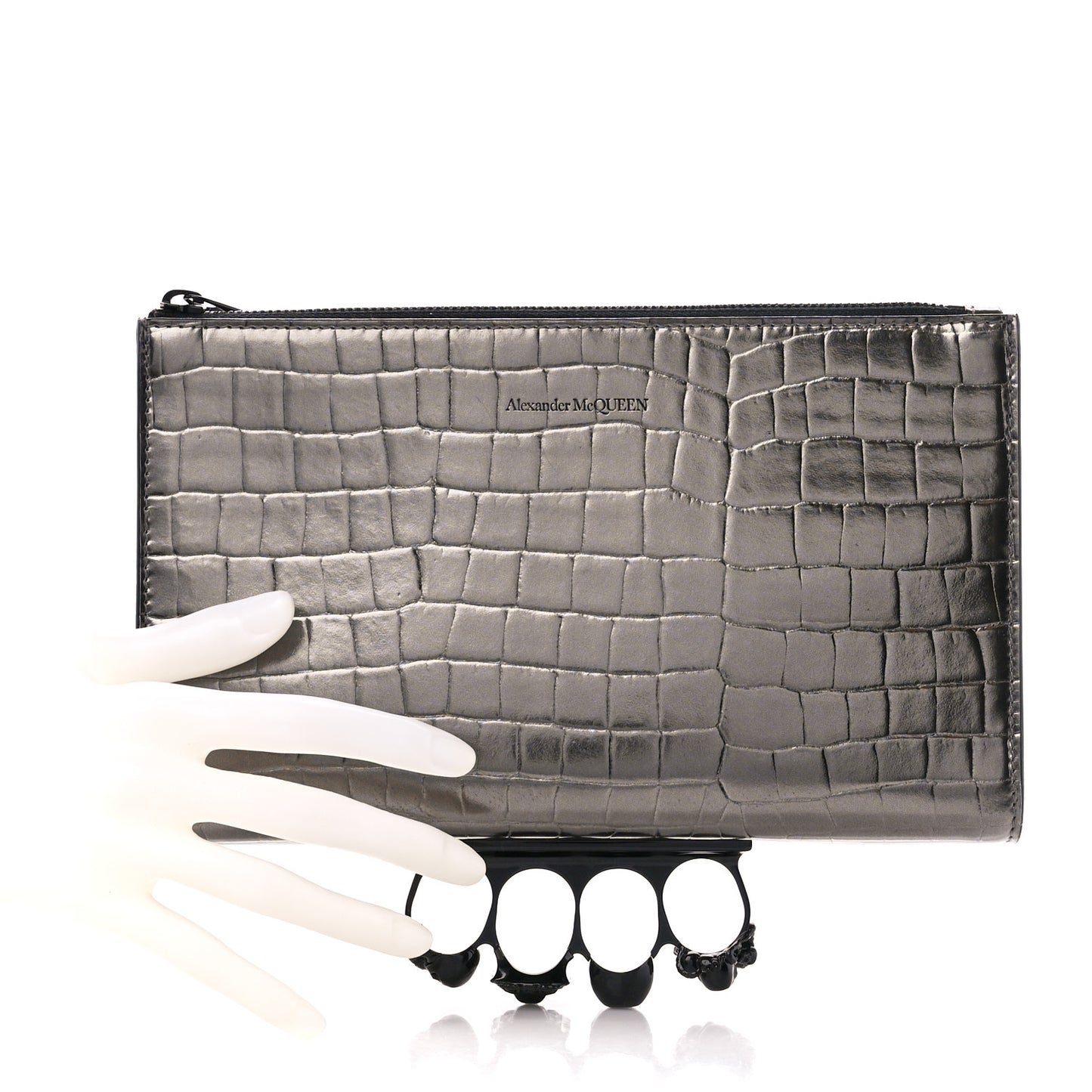 Metallic Calfskin Crocodile Embossed Knuckle Flat Zip Clutch Silver