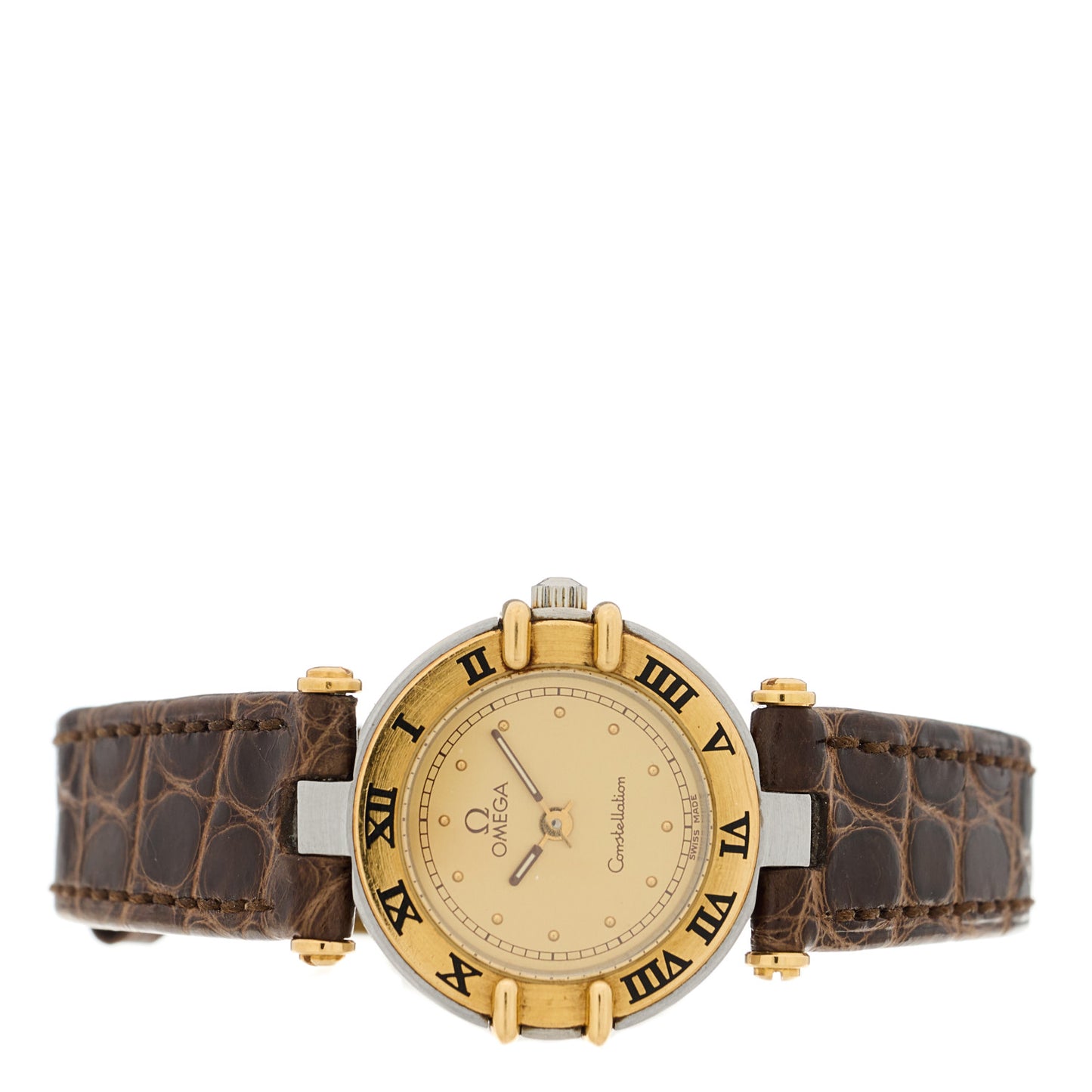 Stainless Steel 18K Yellow Gold Alligator 22mm Constellation Quartz Watch Champagne 595.1080