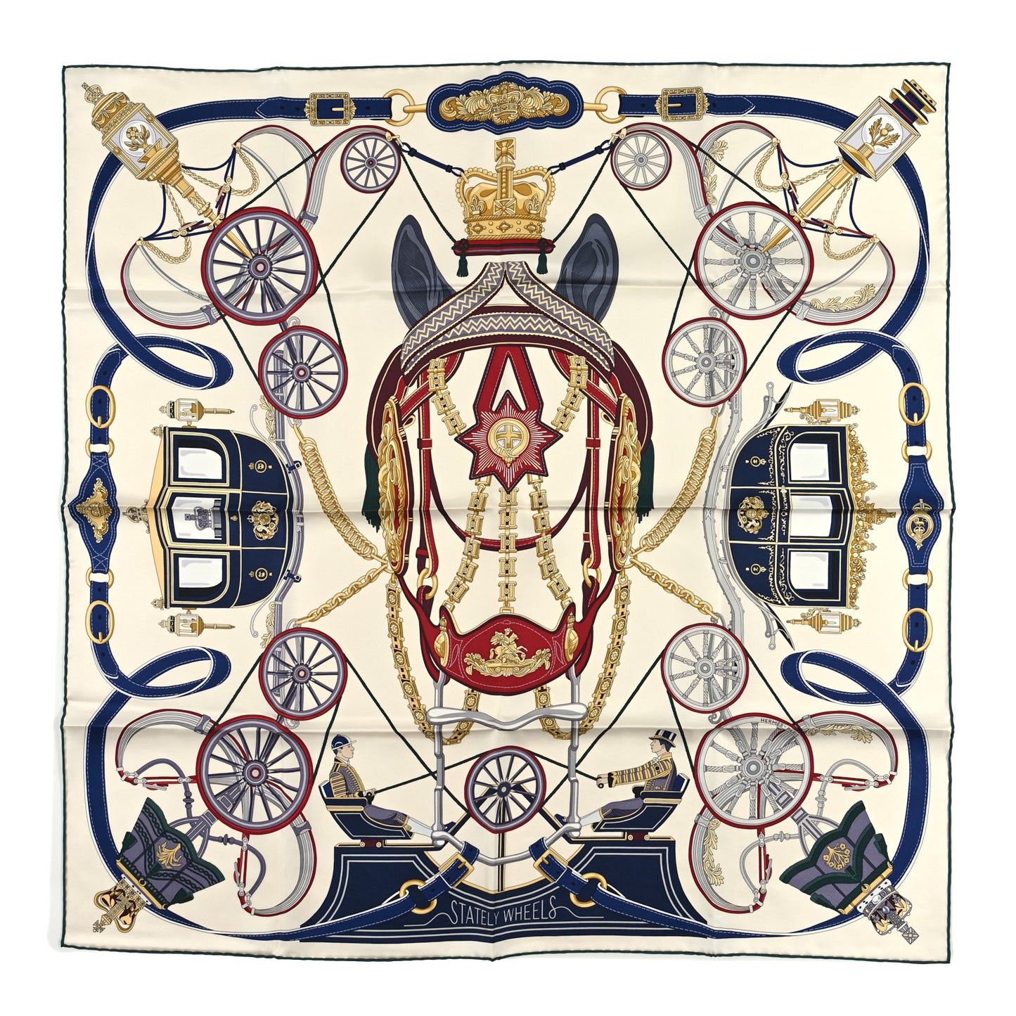 Silk Stately Wheels Scarf 90 Creme Bordeaux Bleu