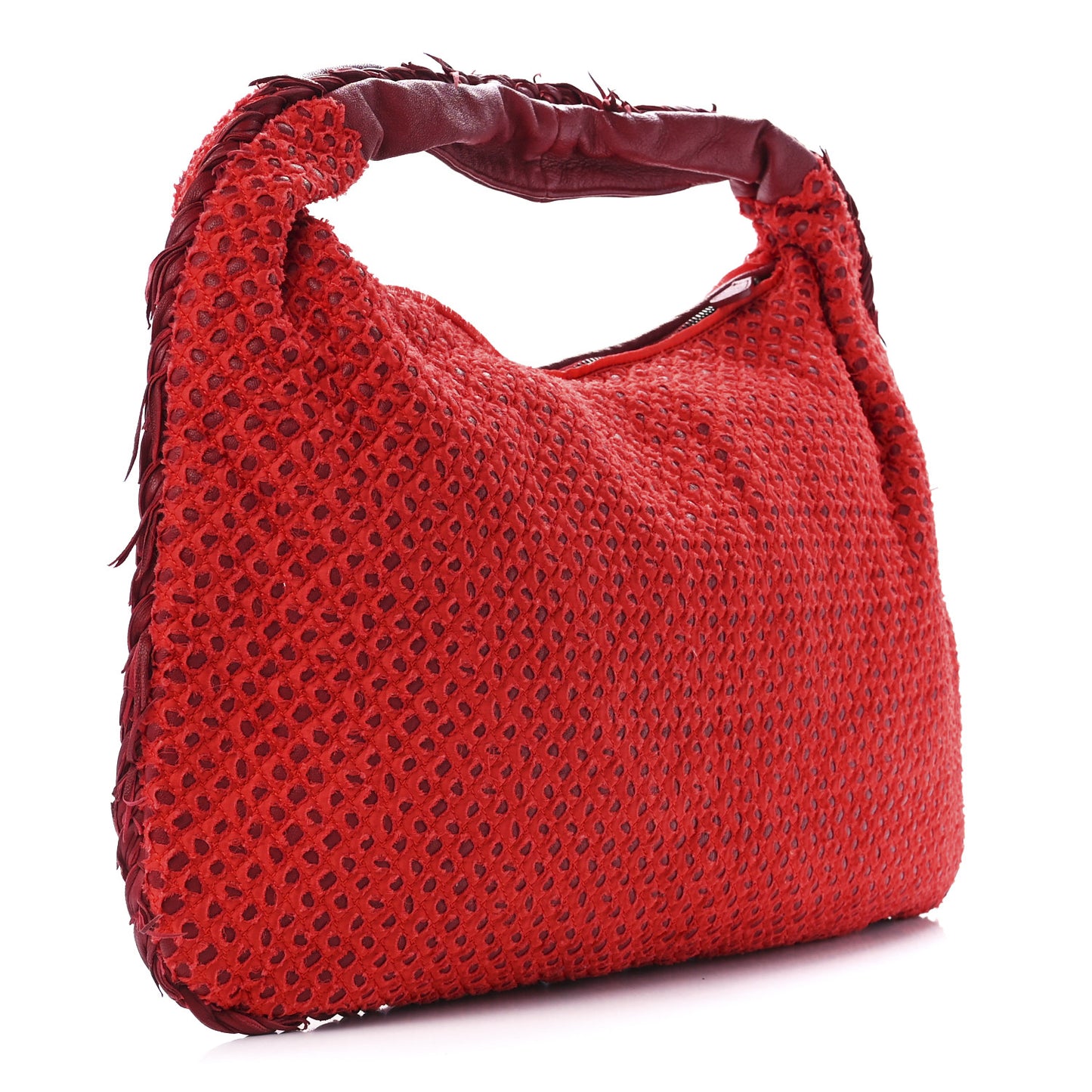 Nappa Fabric Intrecciato Large Distressed Fringe Veneta Hobo Red