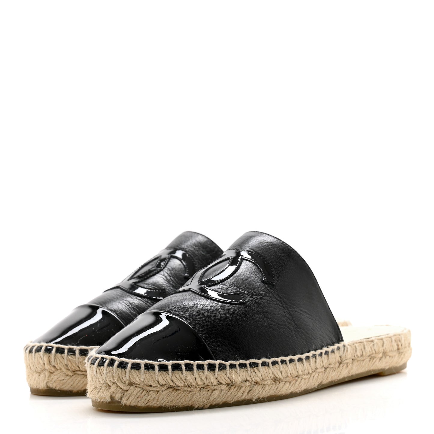 Iridescent Goatskin Patent CC Espadrille Mules 36 Black