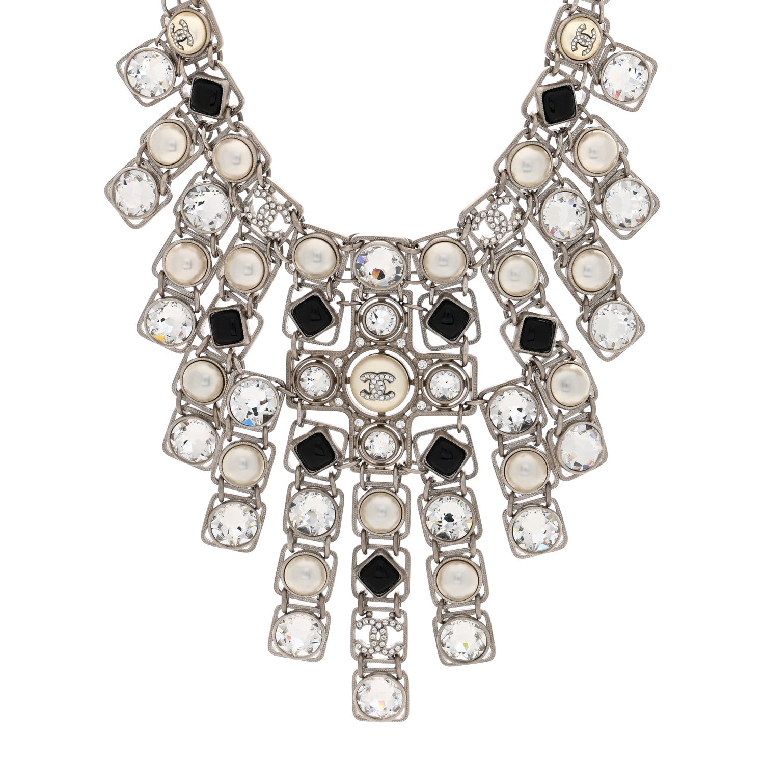Chanel Crystal Pearl Resin CC Necklace Silver Black 1 of 5