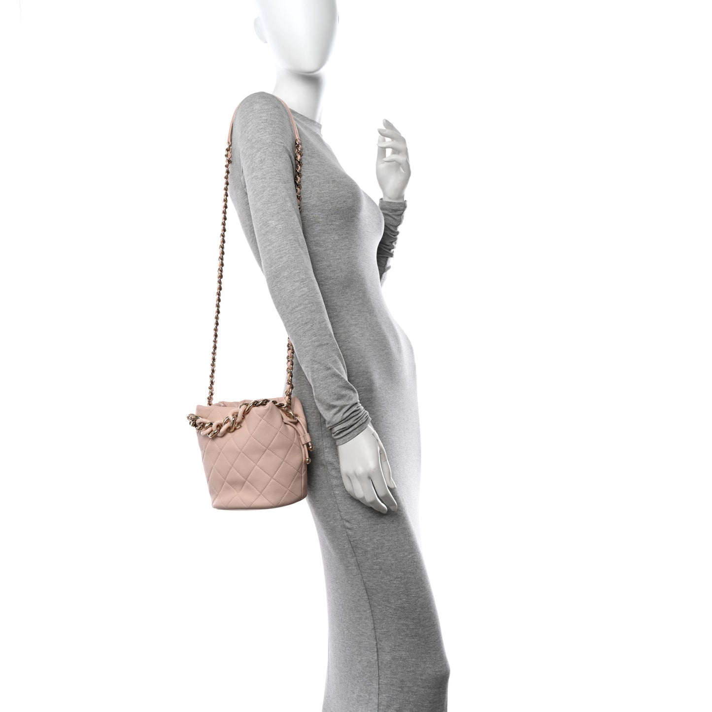 Lambskin Quilted Resin Bi-Color Chain Bucket Bag Light Beige