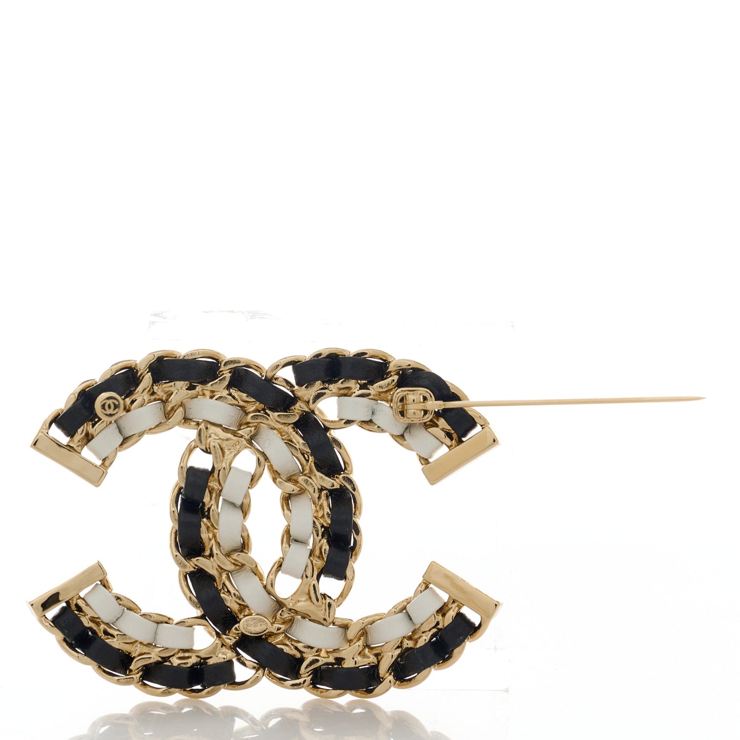 Lambskin Chain CC Brooch Black White Gold