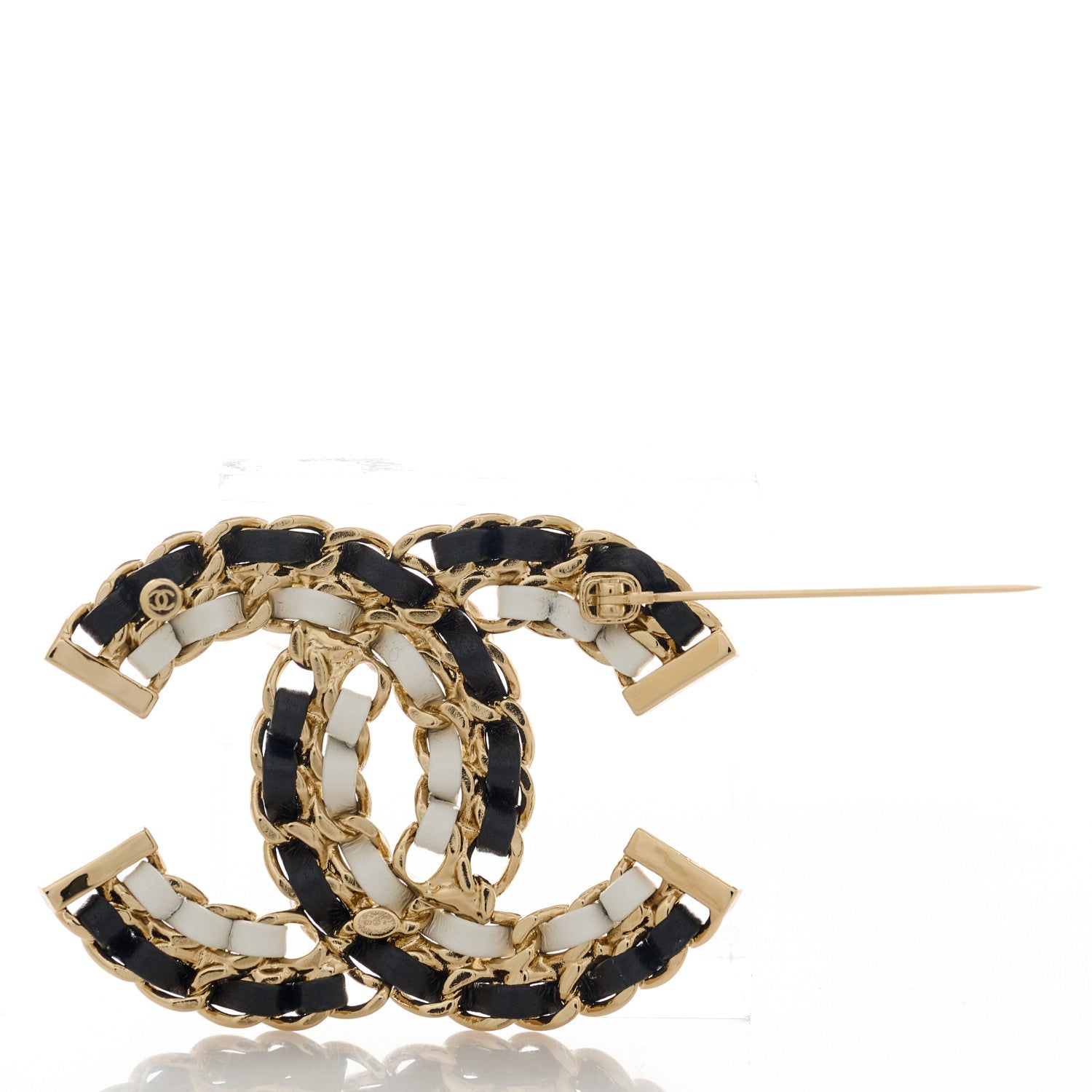 Chanel Lambskin Chain CC Brooch Black White Gold 3 of 5
