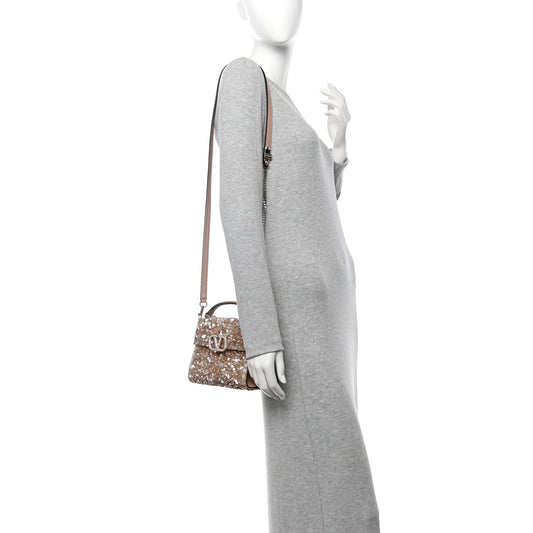 Sequin Crystal Embroidered Mini Vsling Top Handle Bag Light Peach Rose Mist