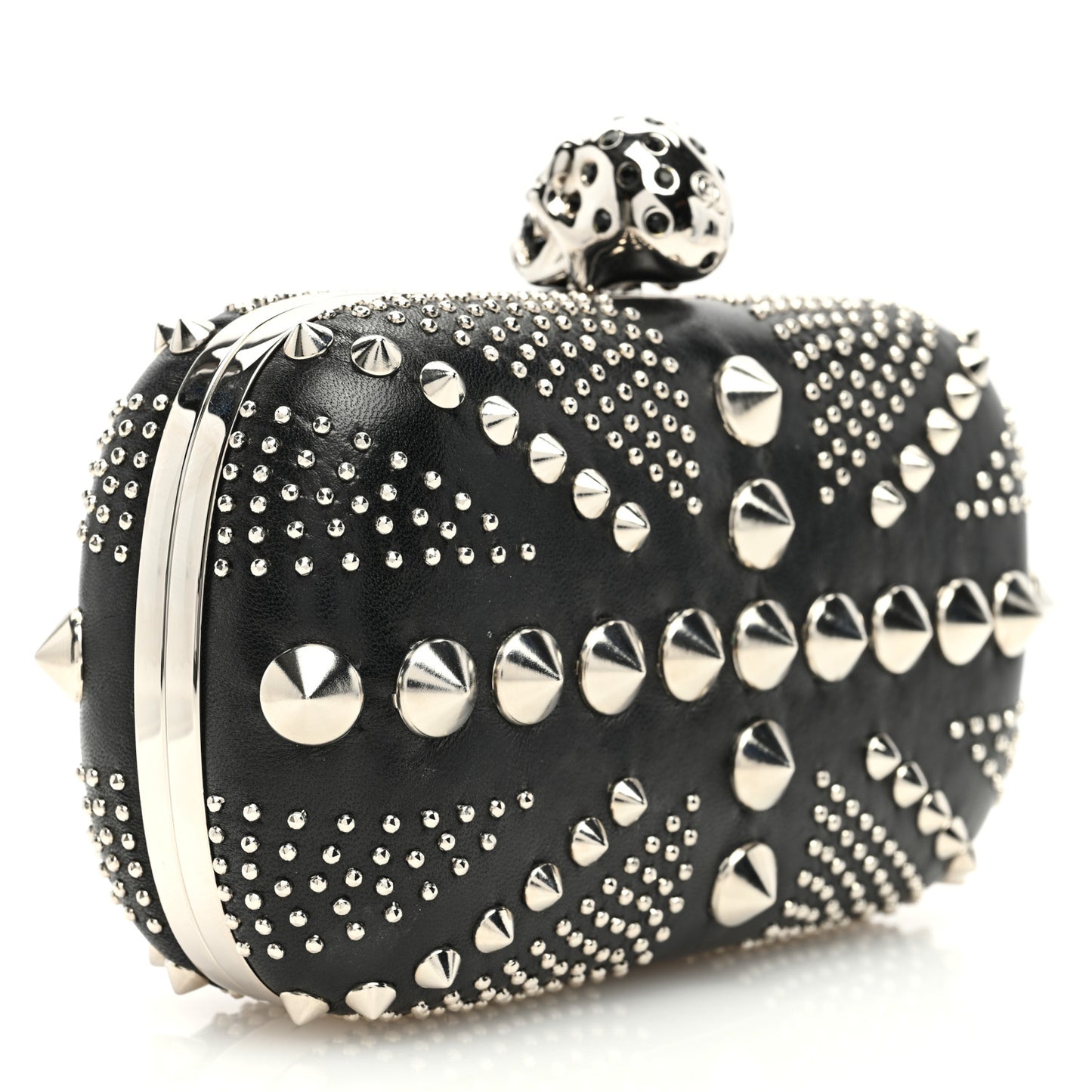Calfskin Studded Britannia Skull Box Clutch Black