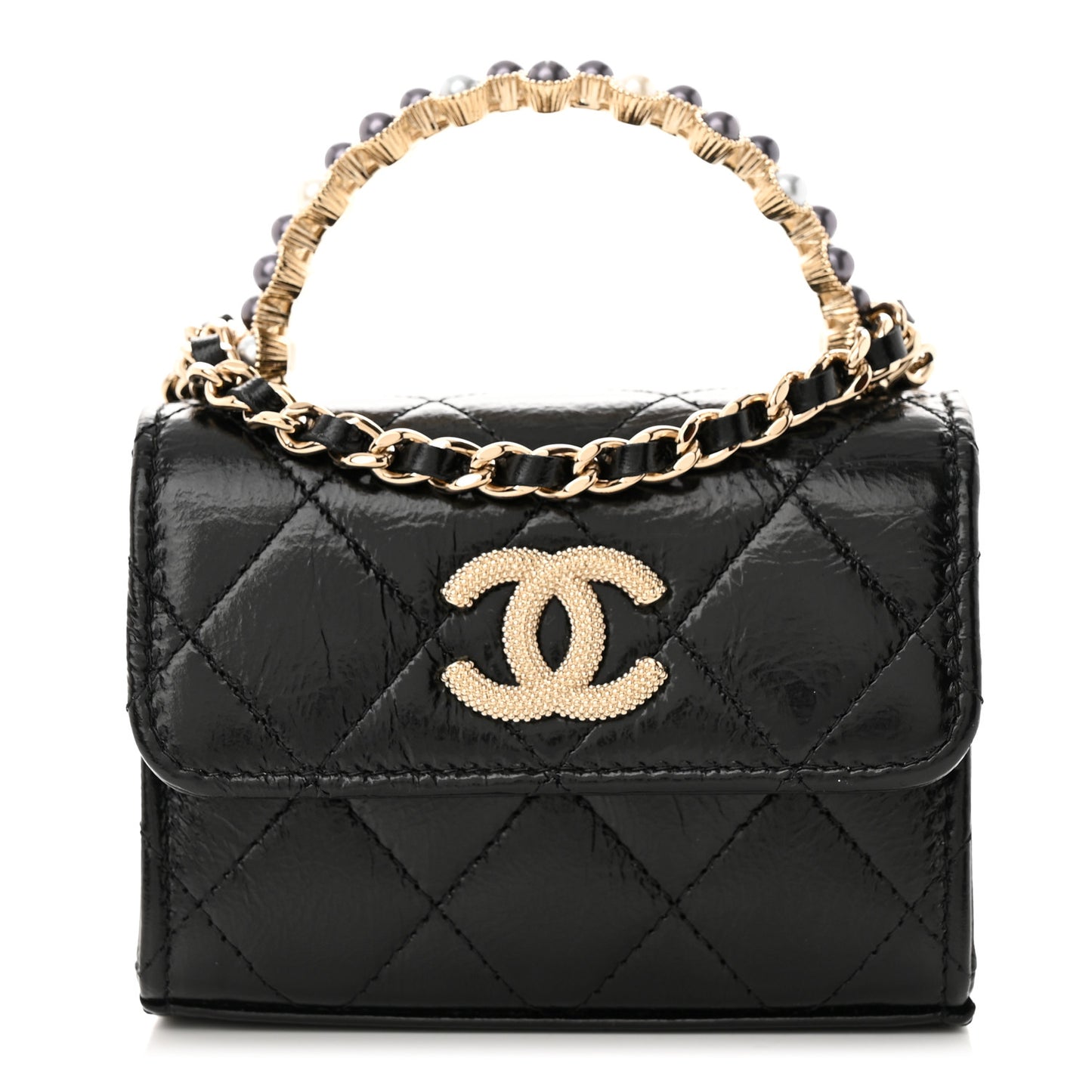 Shiny Crumpled Lambskin Quilted Pearl Small Top Handle Clutch With Chain Black
