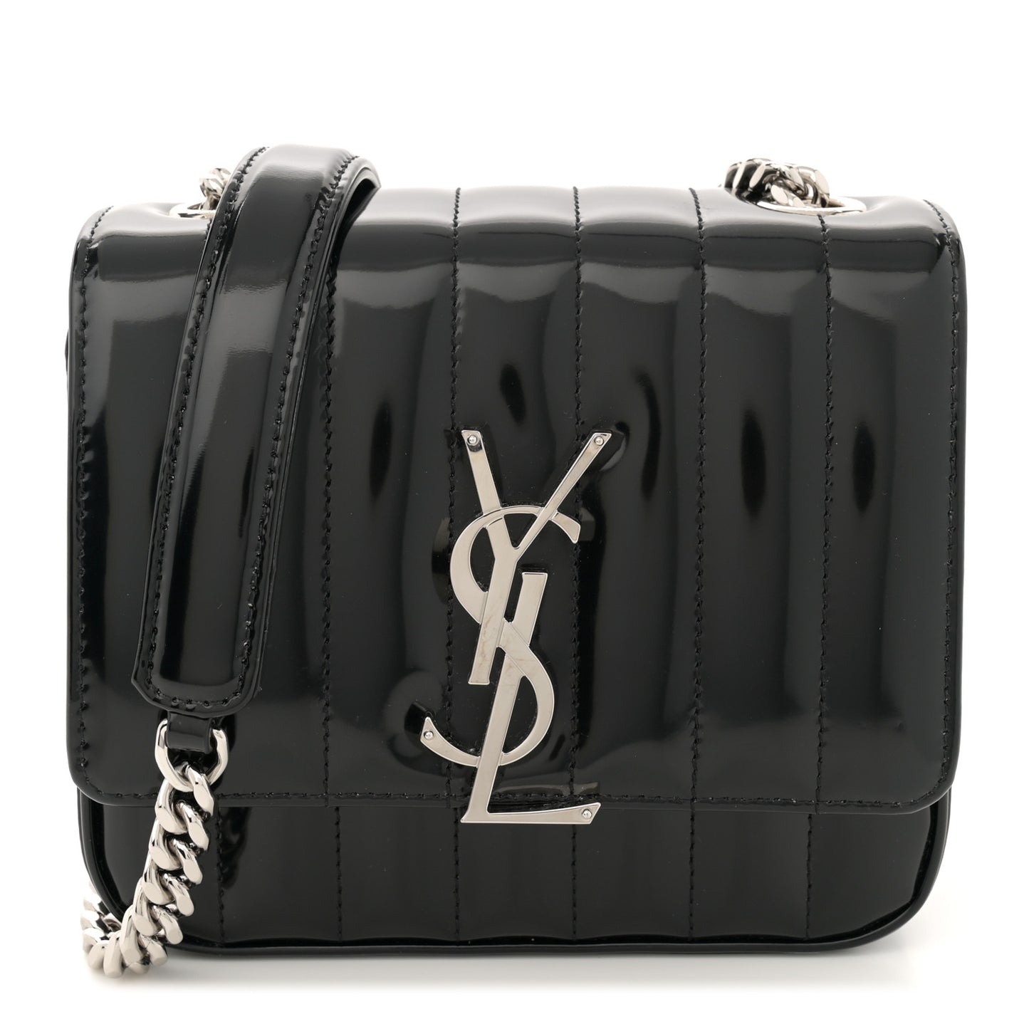 Patent Calfskin Matelasse Monogram Small Vicky Chain Bag Black