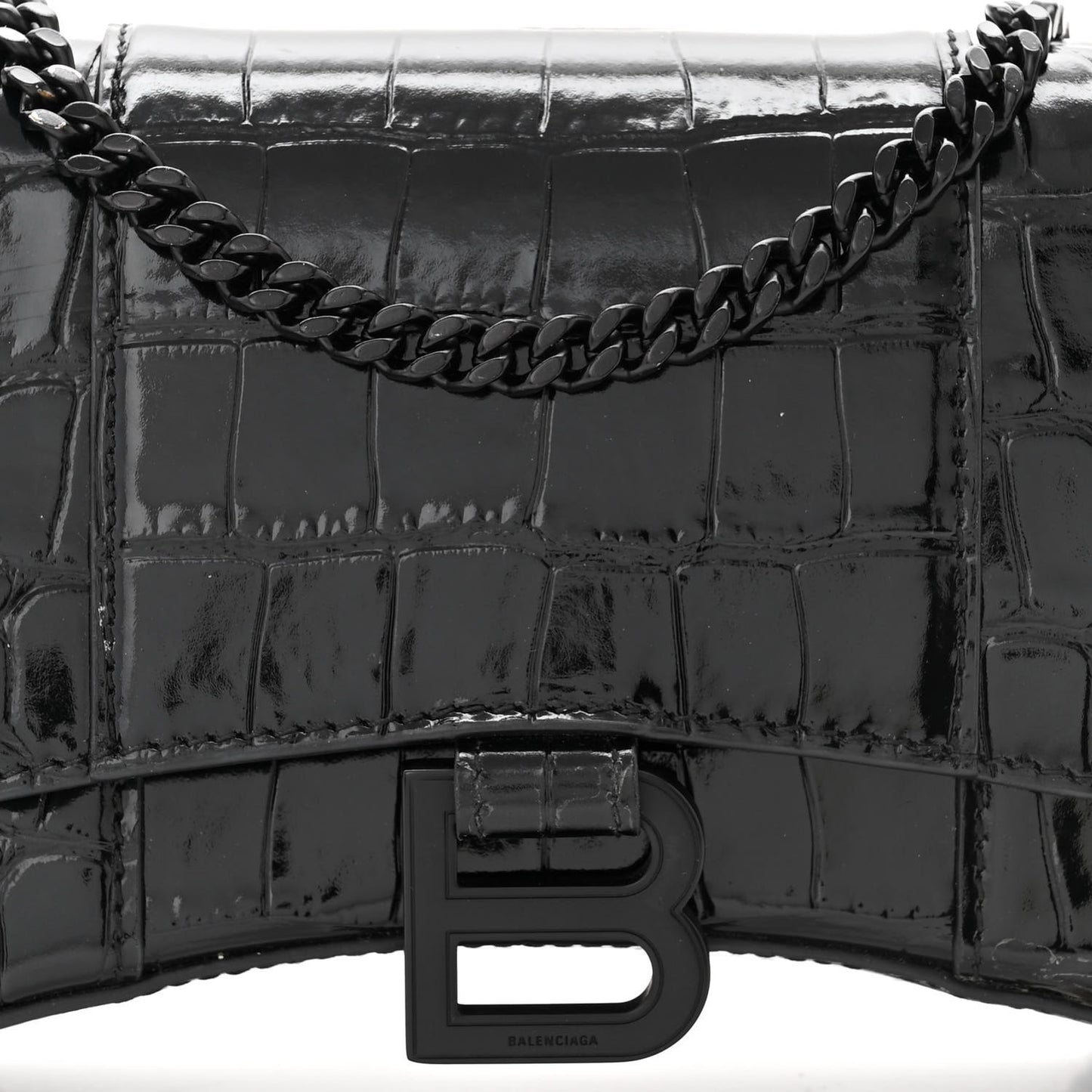Shiny Calfskin Monochrome Crocodile Embossed Hourglass Chain Bag Black