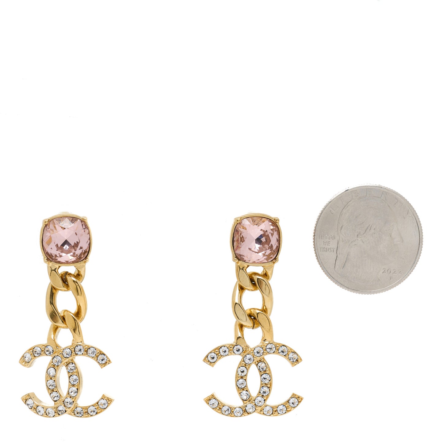Glass Crystal CC Chain Drop Earrings Pink Gold