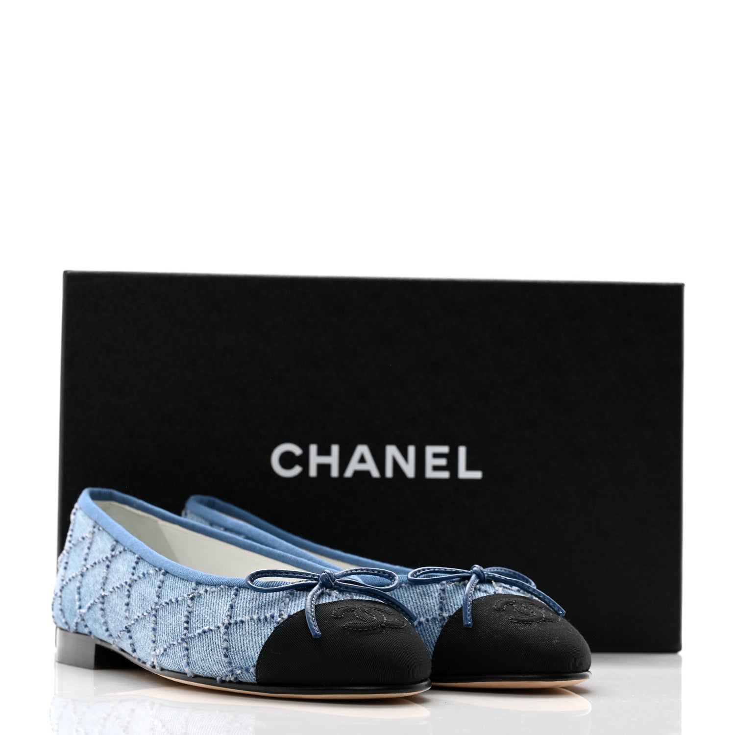Chanel Denim Embroidered Grosgrain CC Cap Toe Ballerina Flats 37 Blue Black 10 of 10