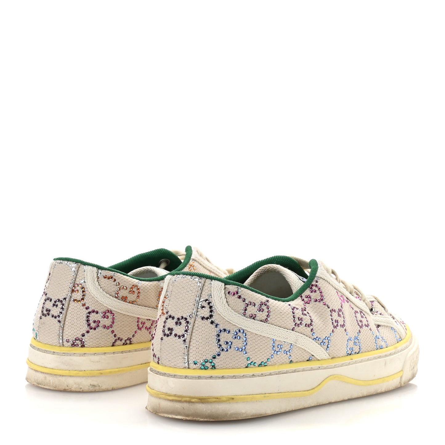 Canvas Lame Crystal GG Monogram Womens 1977 Tennis Sneakers 39 Gardenia Silver Mystic White