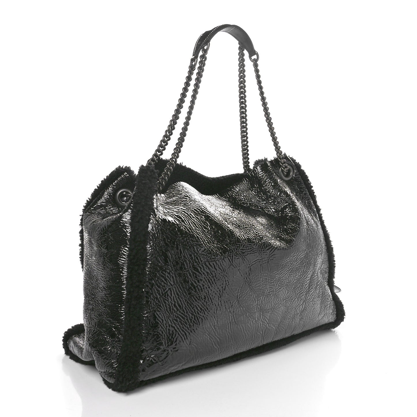 Patent Shearling Large Soho Chain Shoulder Bag Black