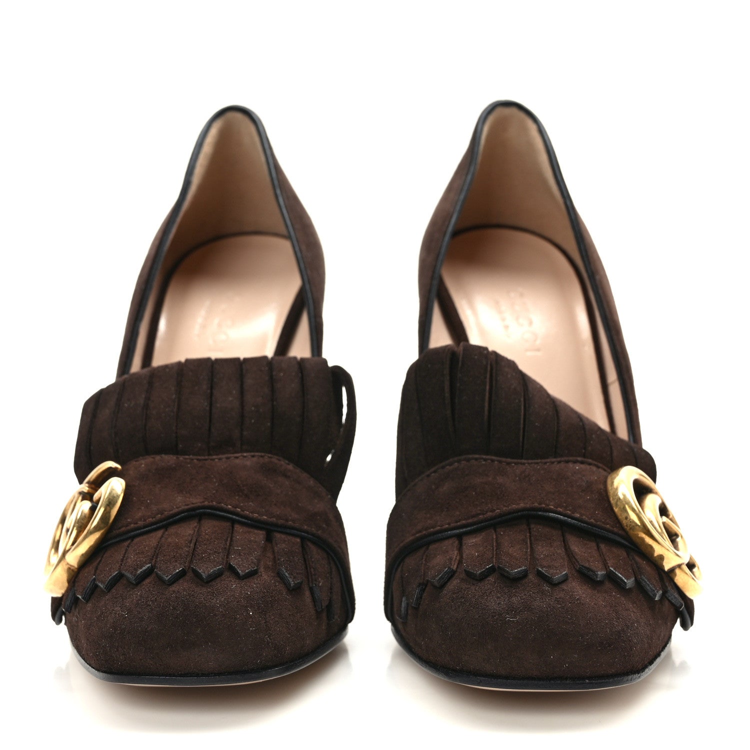 Gucci Kid Scamosciato GG Marmont Fringe 105mm Loafer Pumps 34 Cocoa 2 of 8