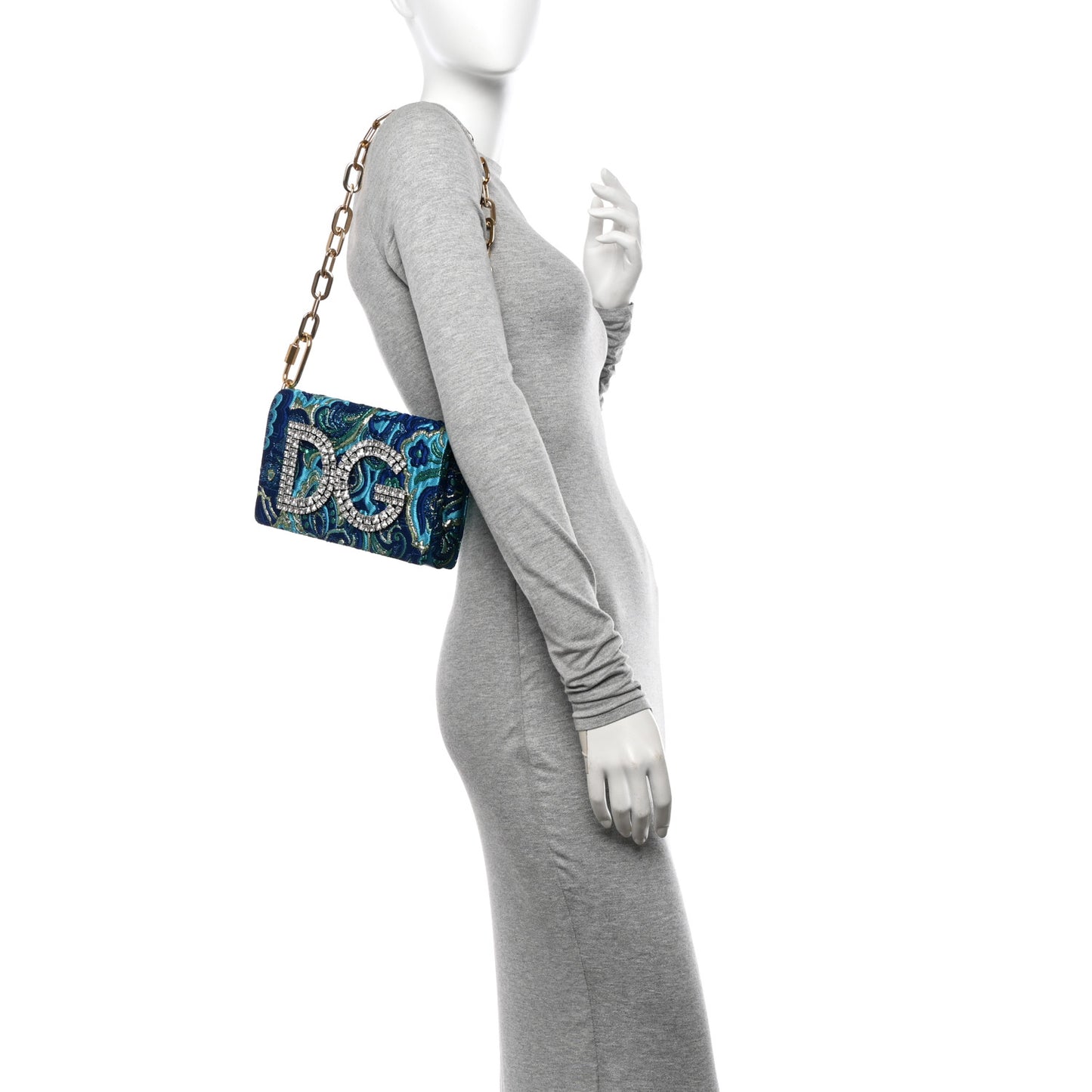 Brocade Crystal Embellished DG Girls Shoulder Bag Blue