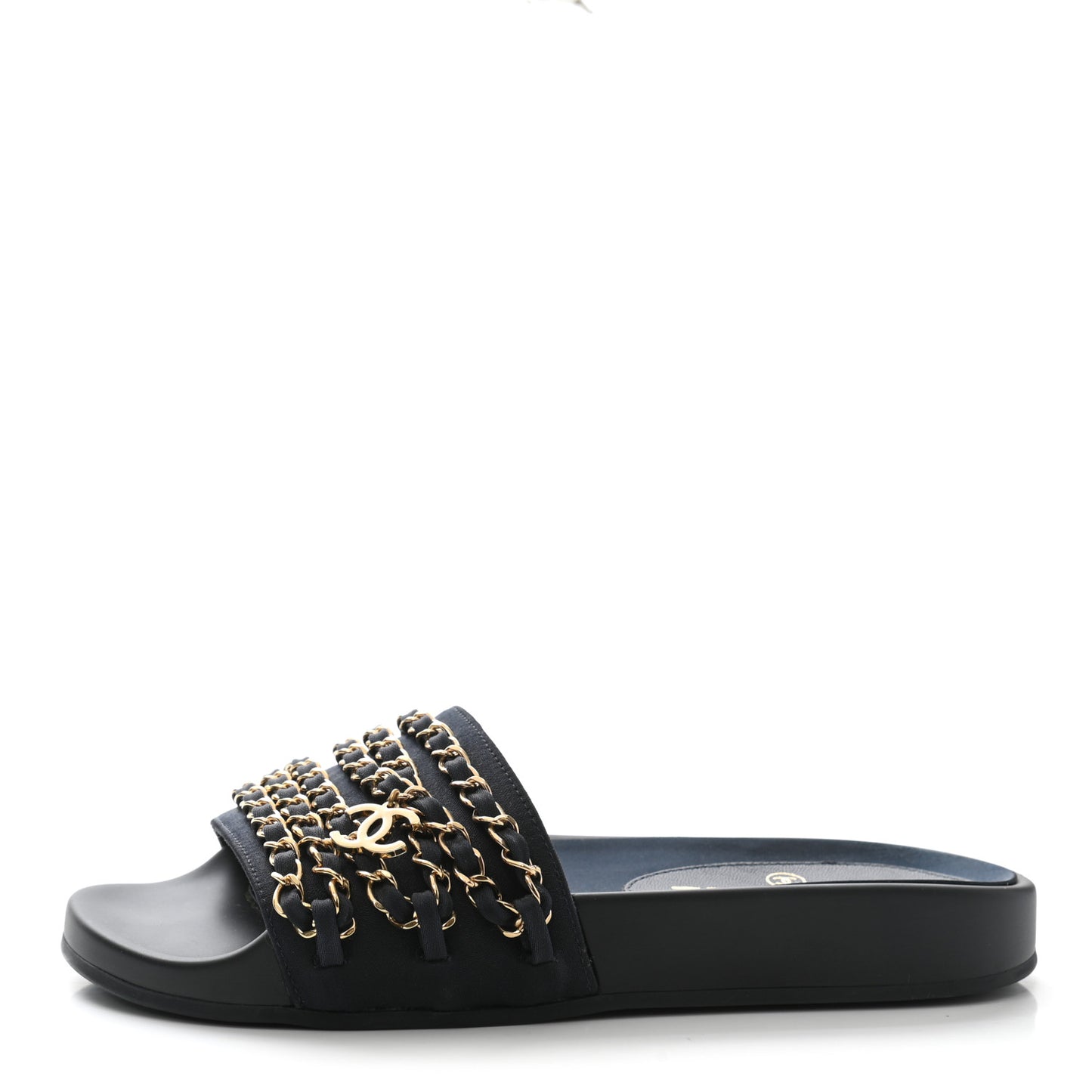 Satin Canvas Chain Slides Sandals Flats 35 Marine
