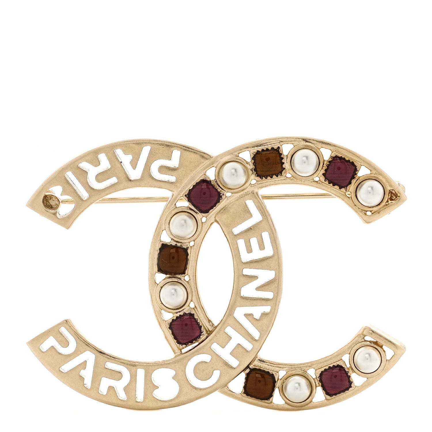 Chanel Crystal Pearl Glass CC Logo Brooch Gold Pink Orange 1 of 4