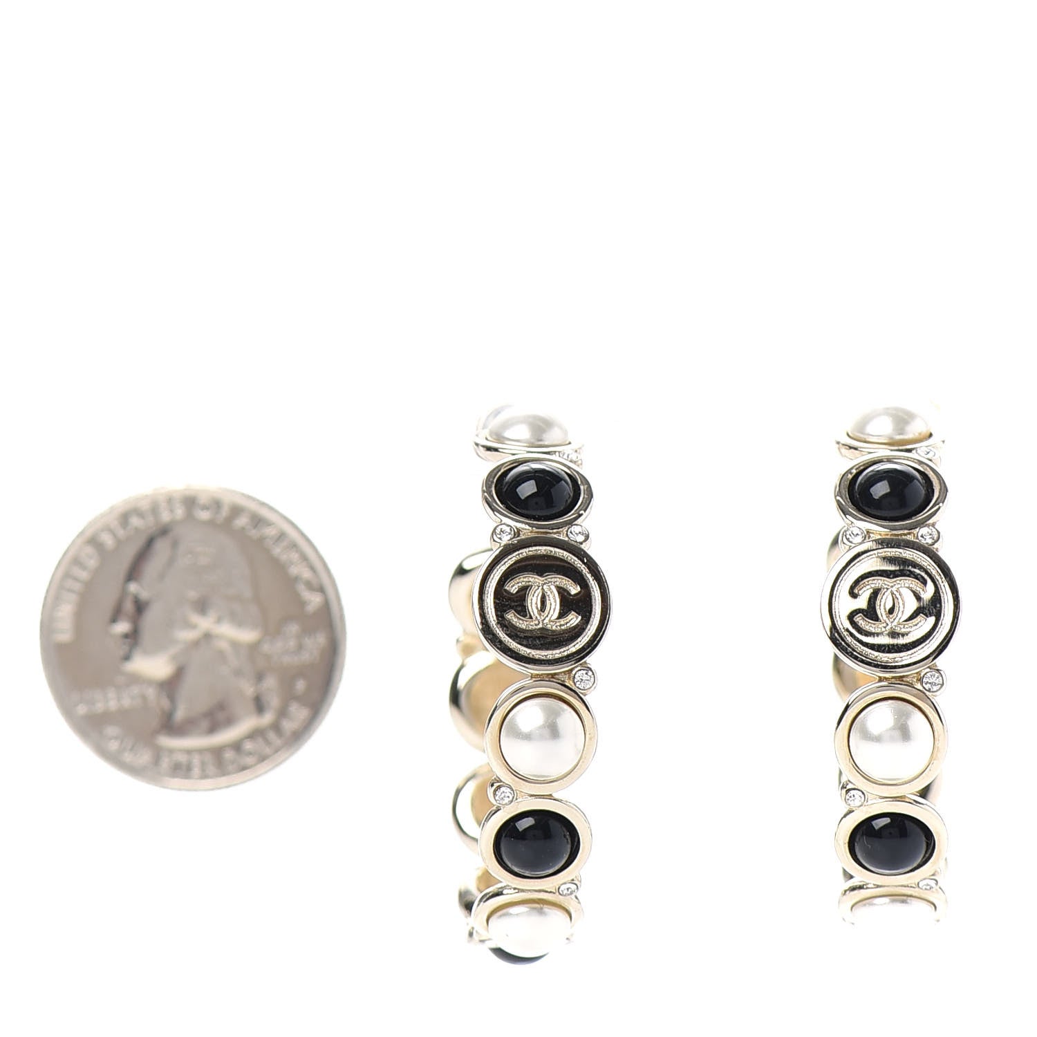 Chanel Crystal Pearl Metal Resin Polka Dot Hoop Earrings Gold Black 2 of 4