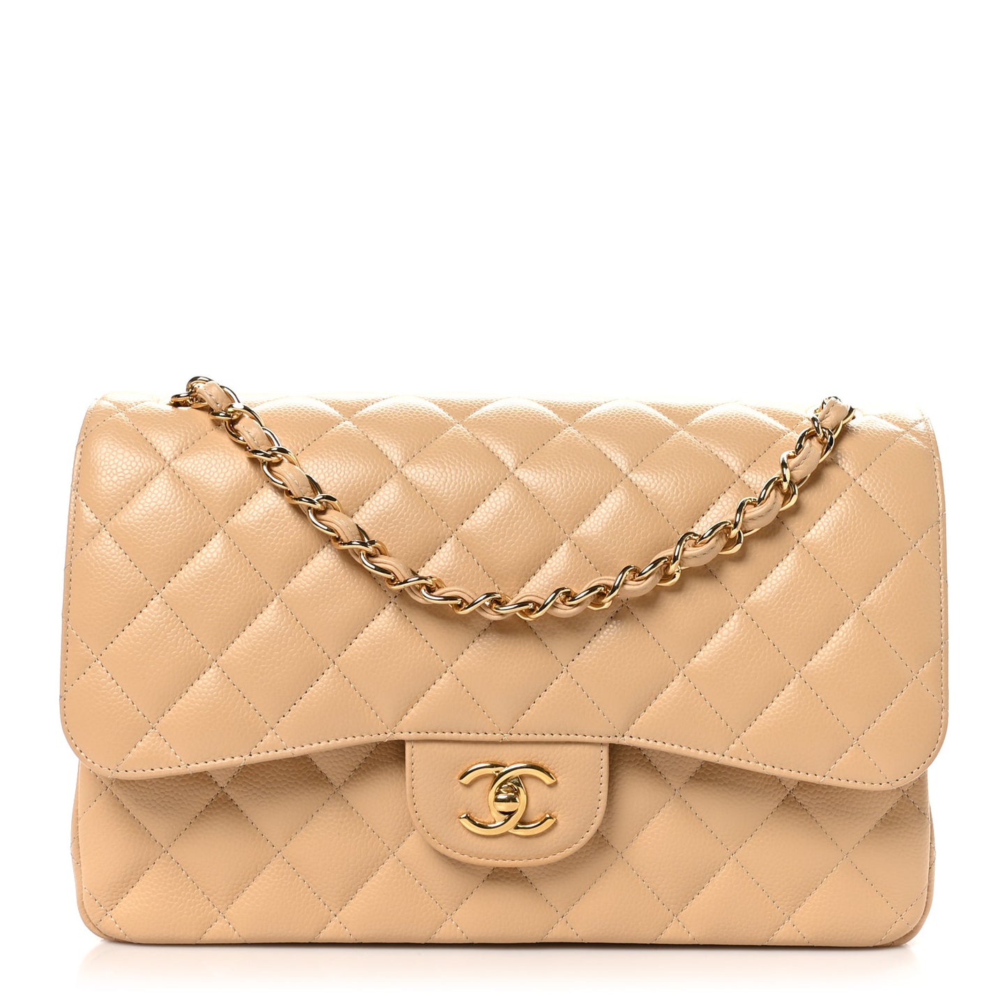 Caviar Quilted Jumbo Double Flap Beige