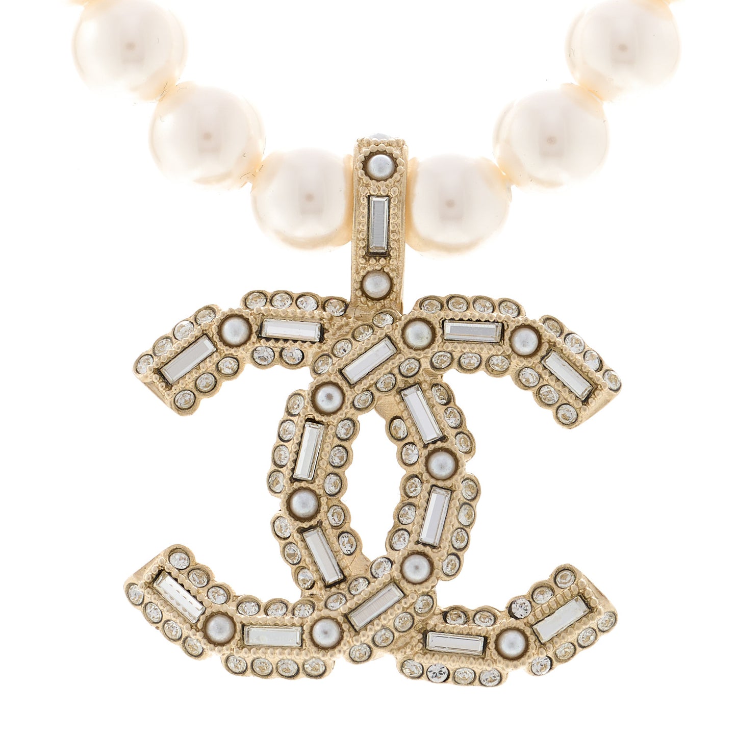 Pearl Crystal Baguette CC Short Necklace Gold