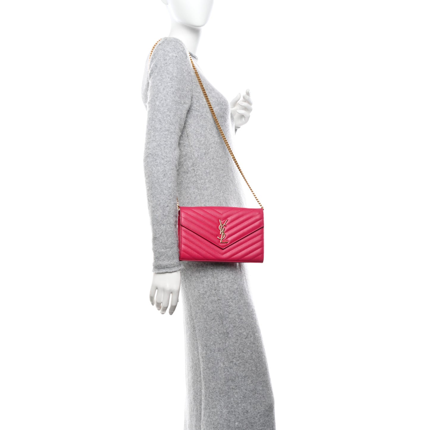 Grain De Poudre Matelasse Chevron Monogram Chain Wallet Lipstick Fuchsia