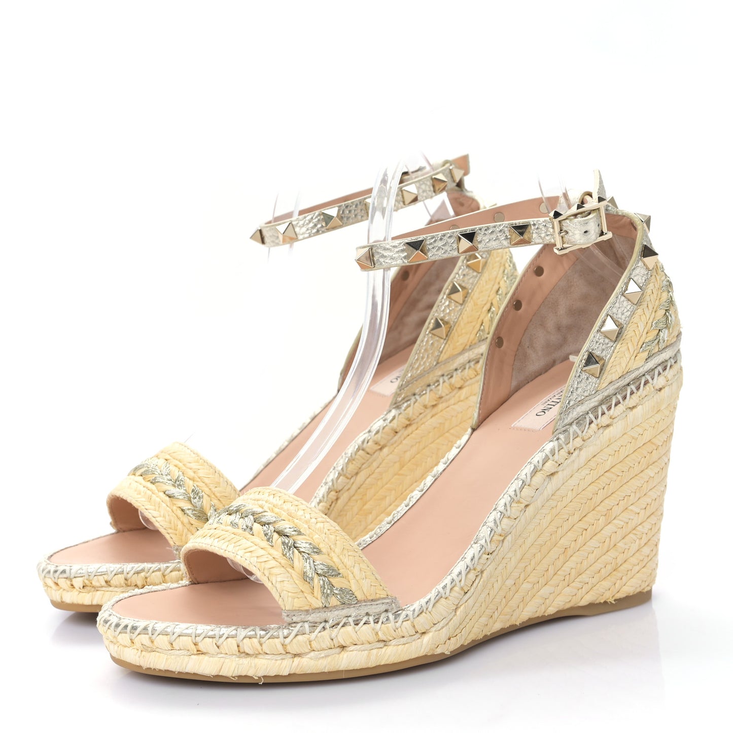 Raffia Rockstud Ankle Strap Espadrille 15/105mm Wedge Sandals 41 Naturale Silver