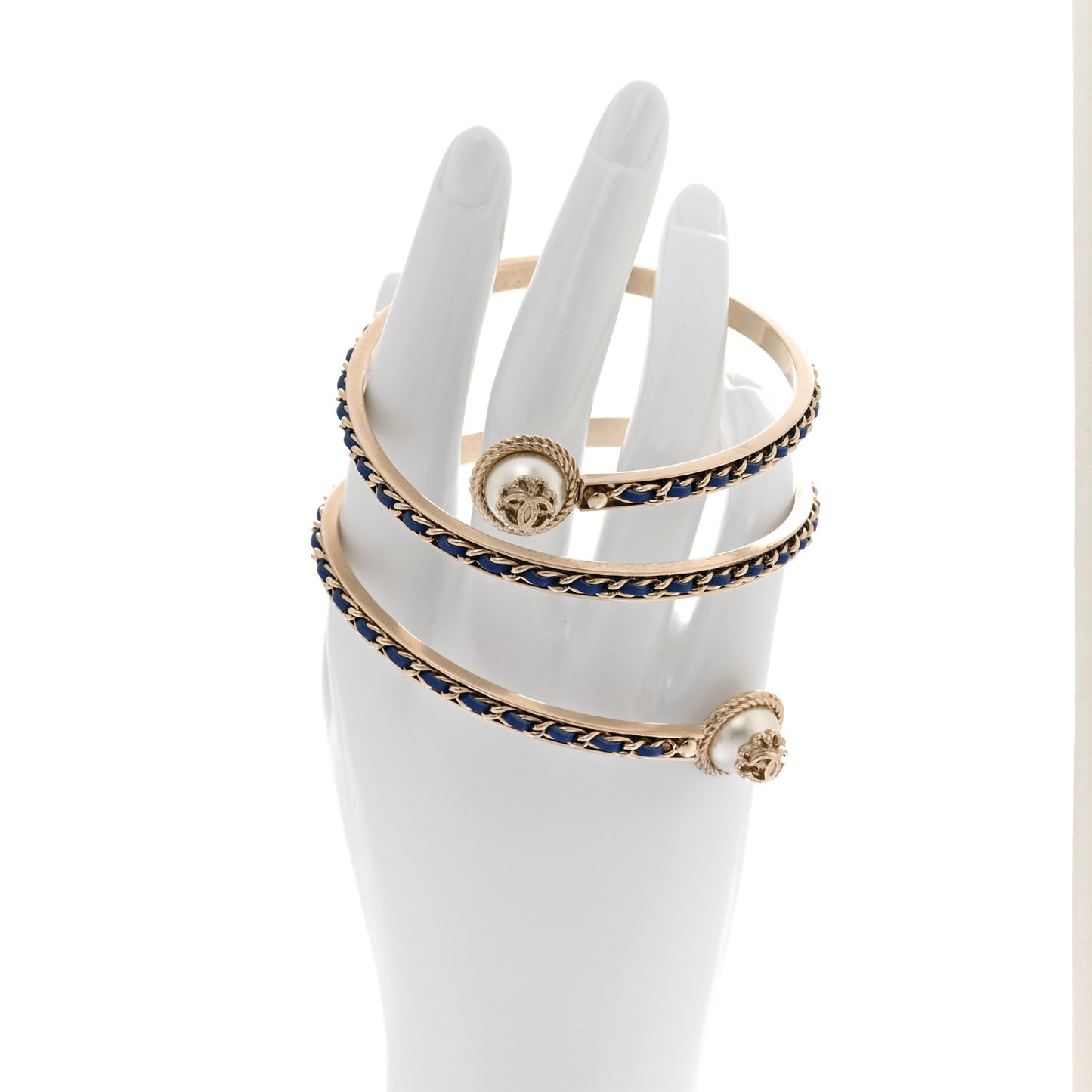 Lambskin Pearl Twist CC Bangle Bracelet M Gold Blue