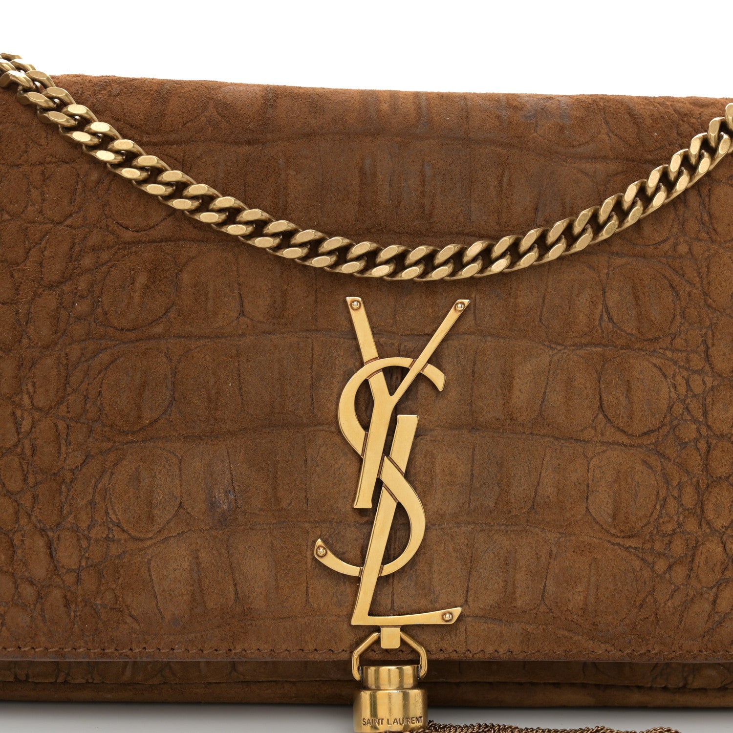 Saint Laurent Crocodile Embossed Suede Monogram Tassel Kate 99 Tan 10 of 11