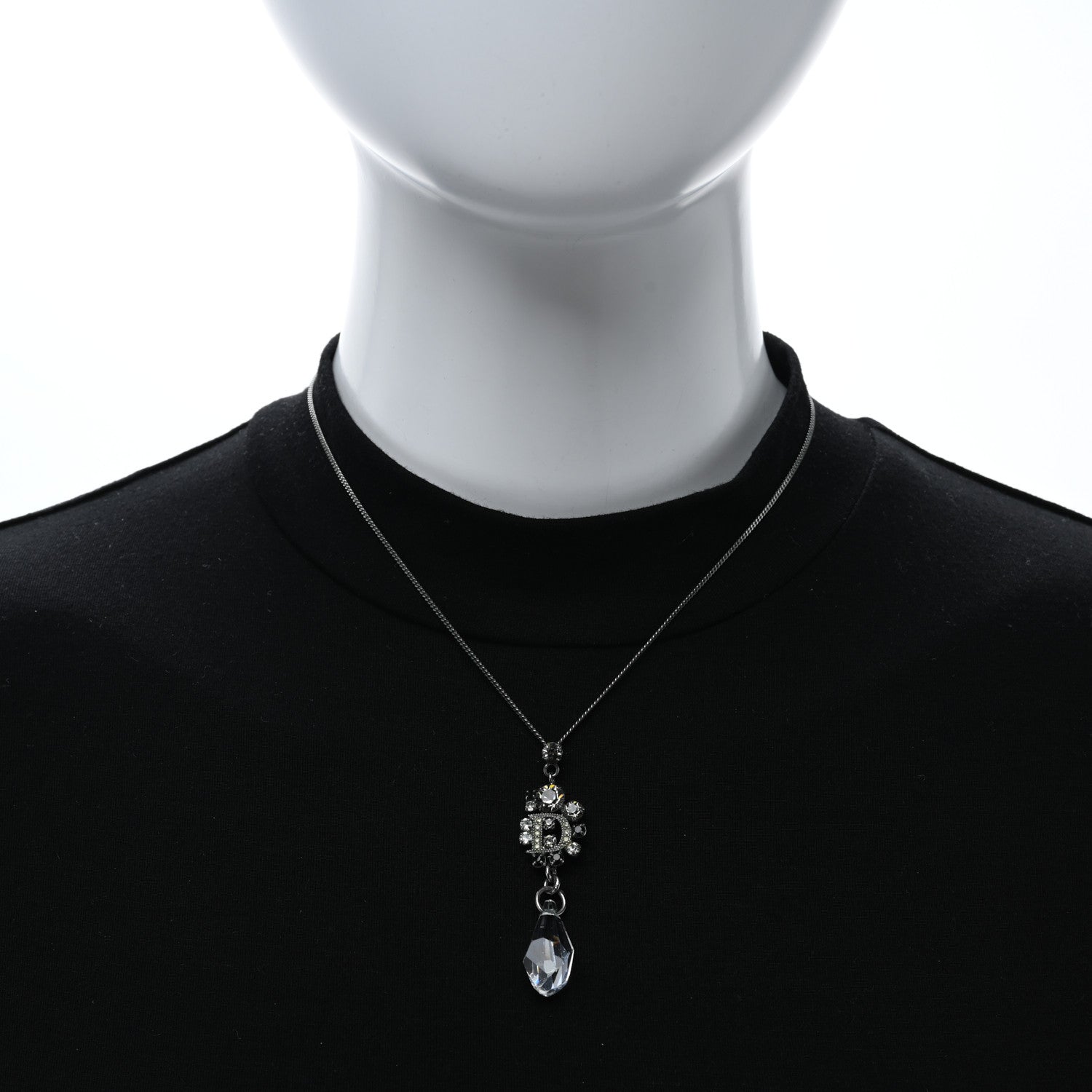 Christian Dior Crystal Logo Necklace Silver Black 2 of 4