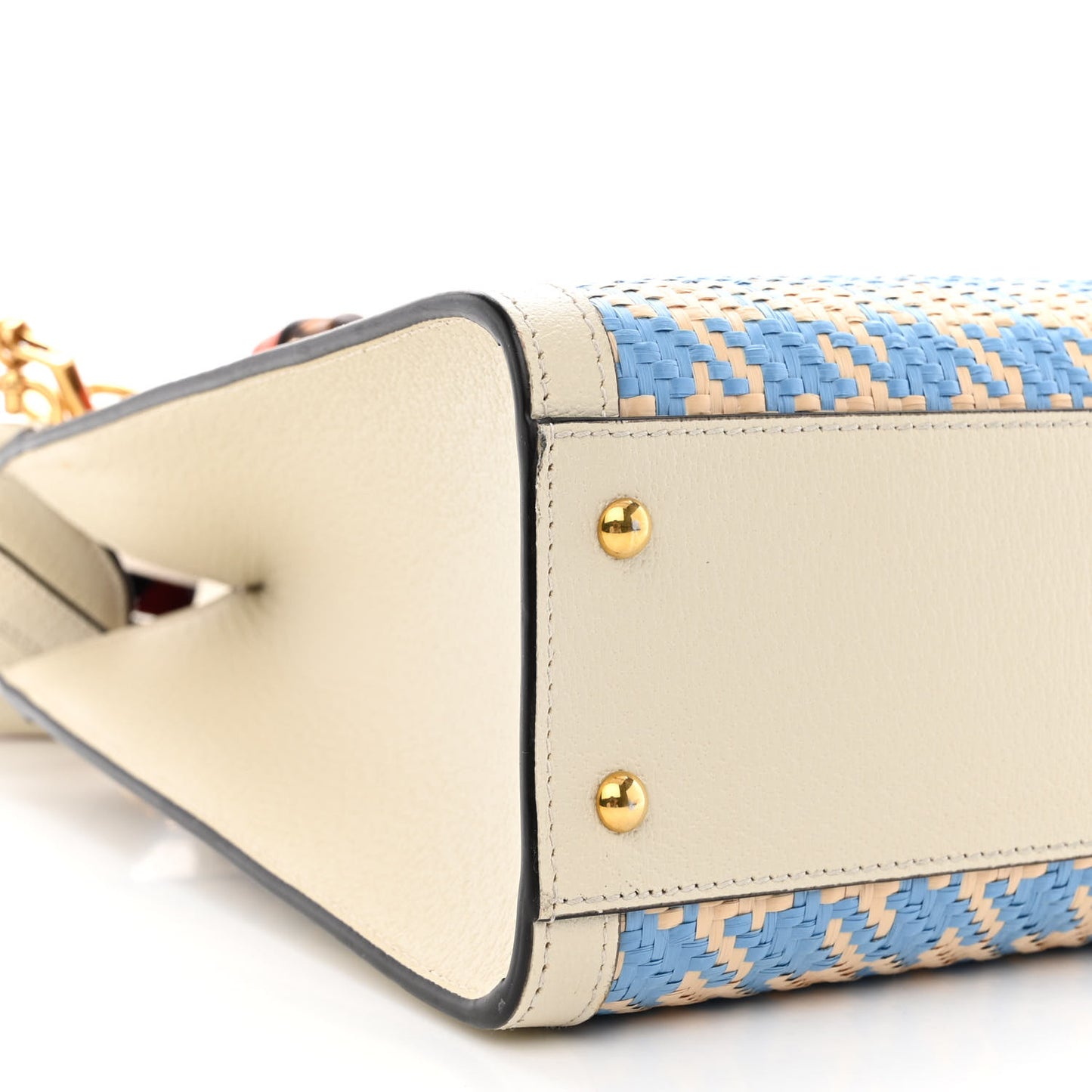 Raffia Textured Dollar Calfskin Web Houndstooth Small Diana Tote Bag Light Blue Natural Deep Orange