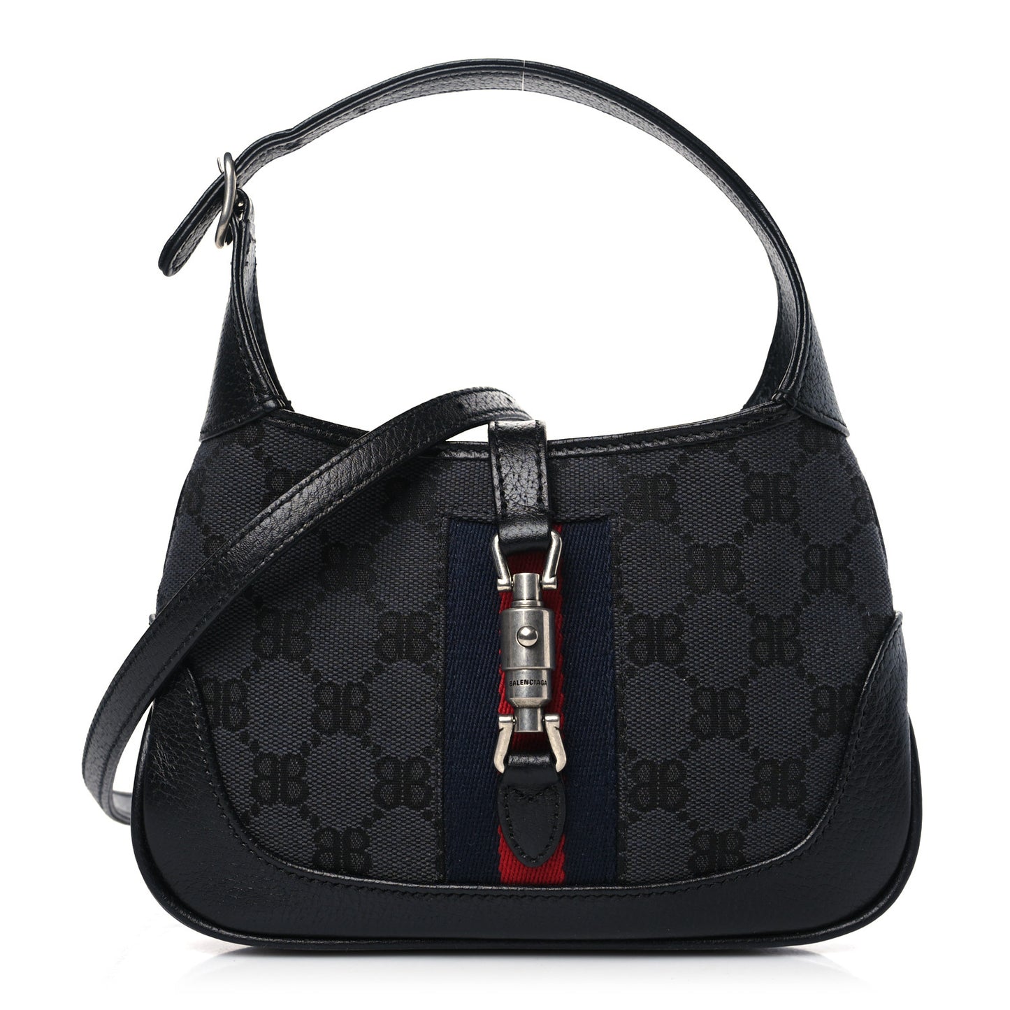X BALENCIAGA BB Monogram Calfskin Web Mini Jackie 1961 Hobo Black