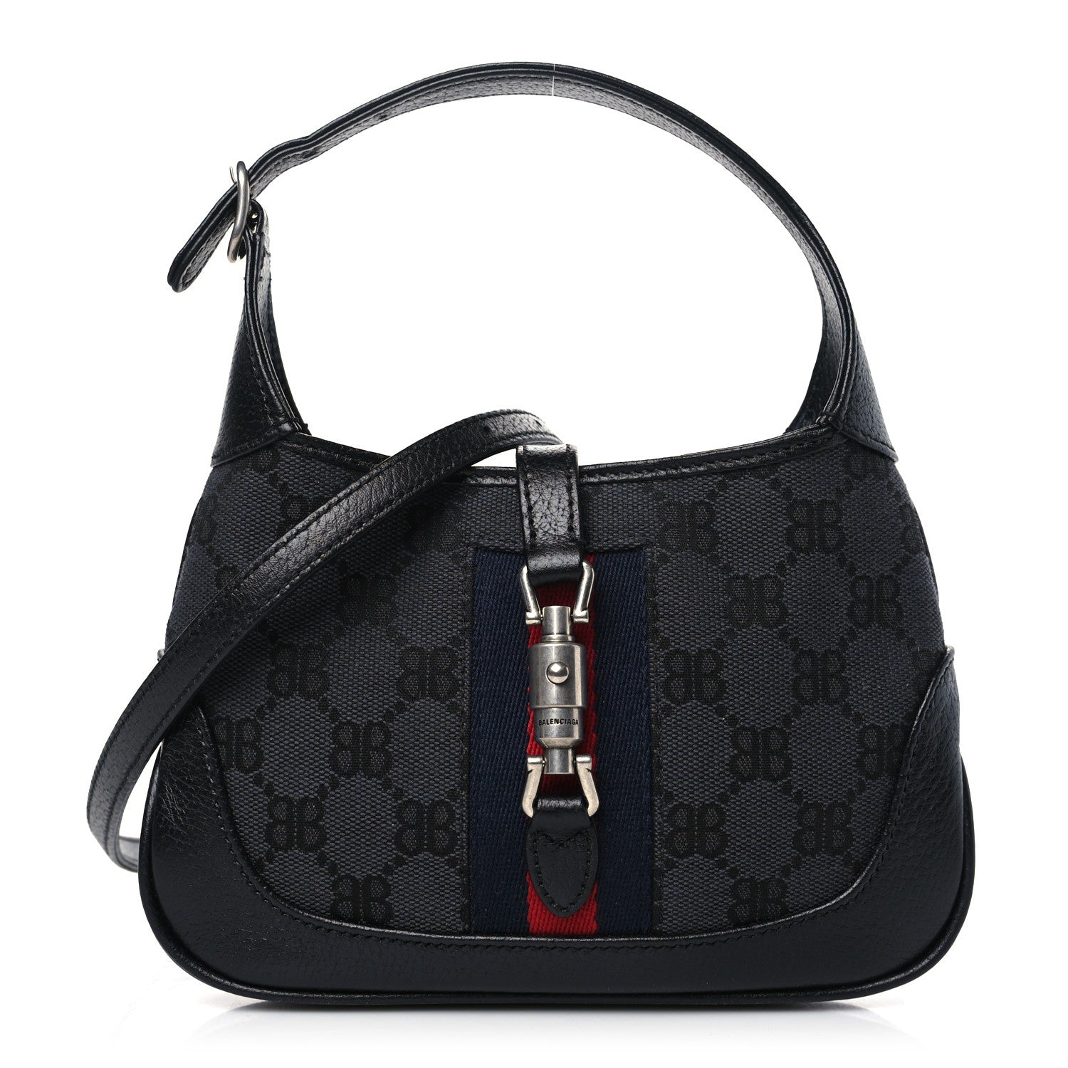 Gucci X BALENCIAGA BB Monogram Calfskin Web Mini Jackie 1961 Hobo Black 1 of 8