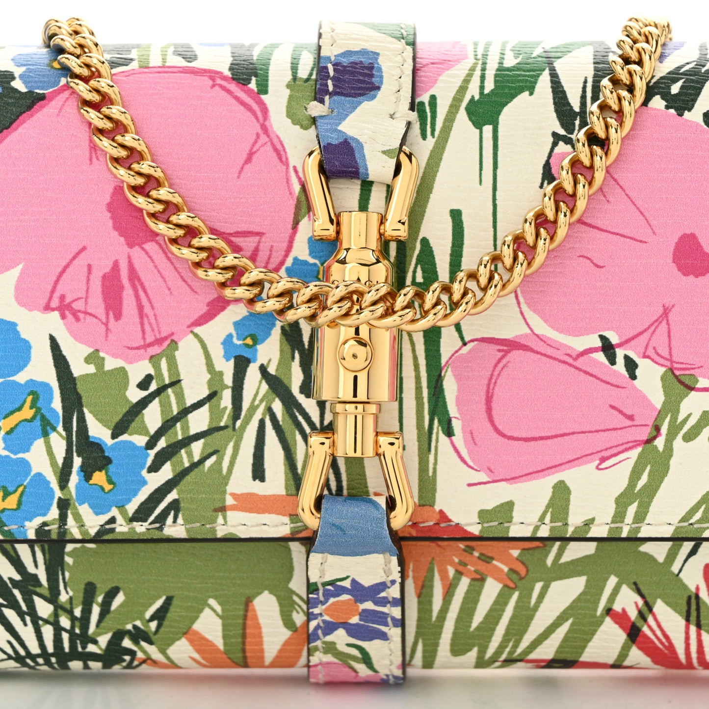 X KEN SCOTT New Shangai Calfskin Jardin D'Avril Floral Print Jackie 1961 Chain Wallet Ivory Pink