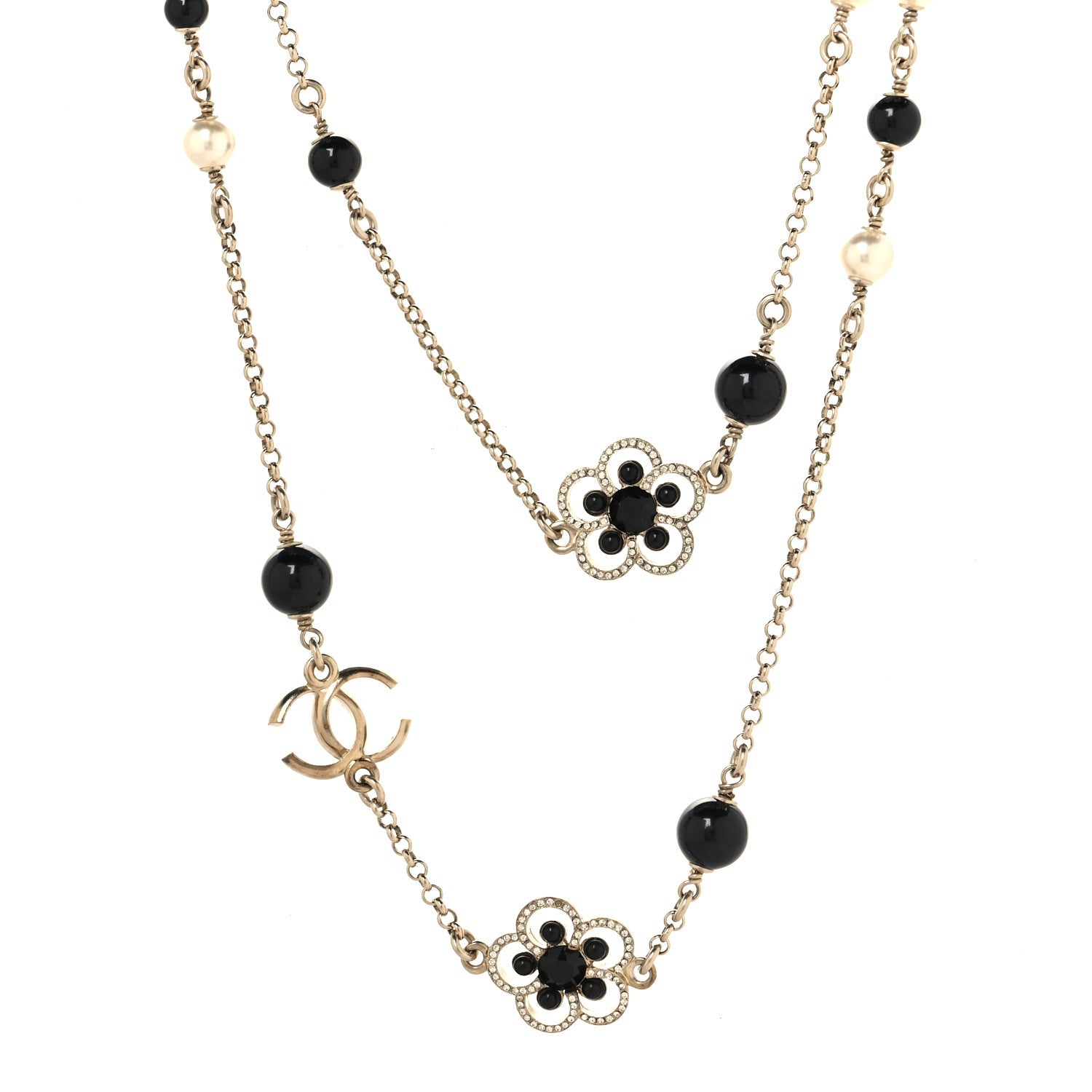 Chanel Pearl Crystal Flower CC Necklace Gold Black 1838161